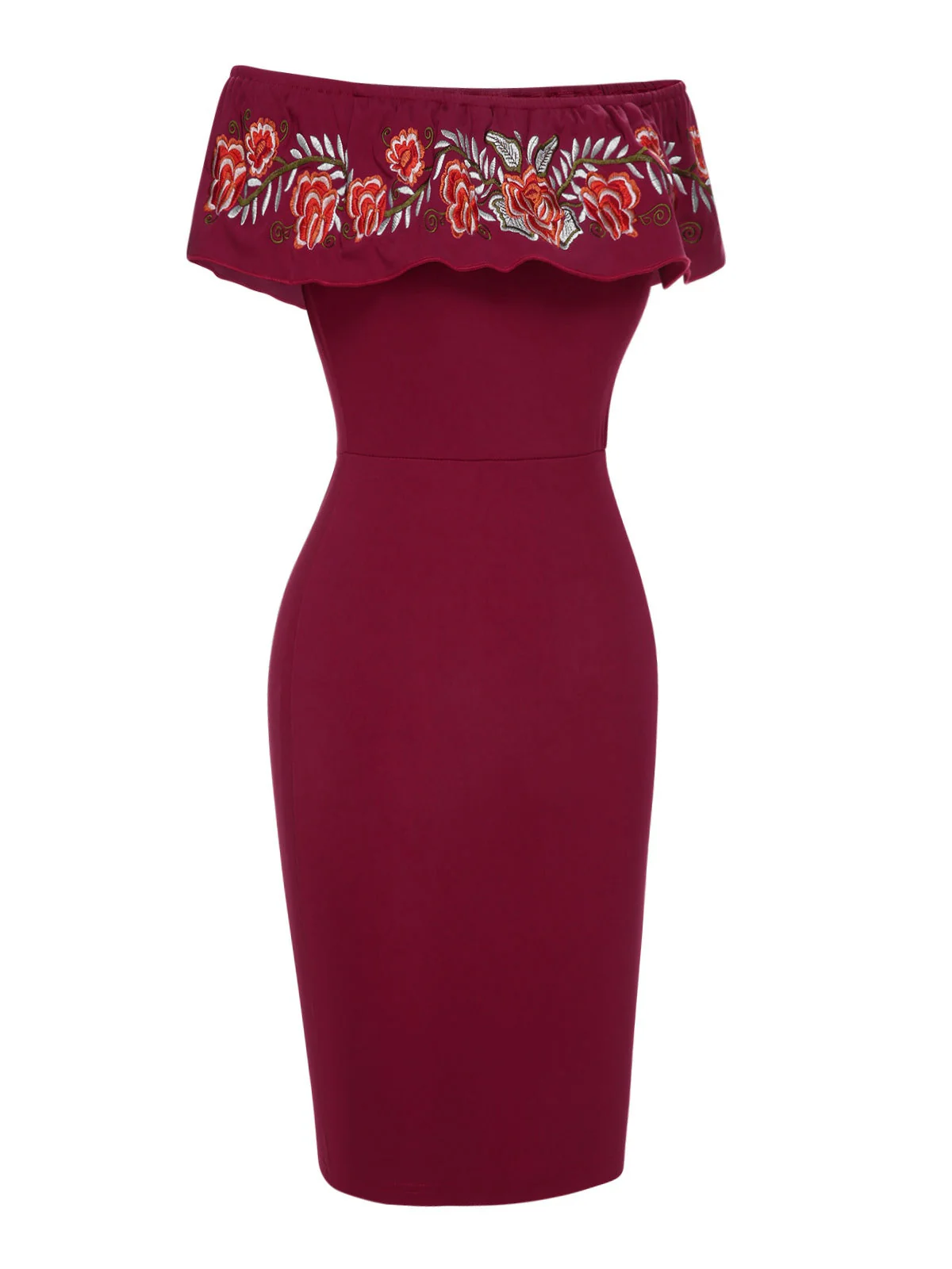 Tiefrot 1960er Schulterfrei Stickerei Kleid - Image 2