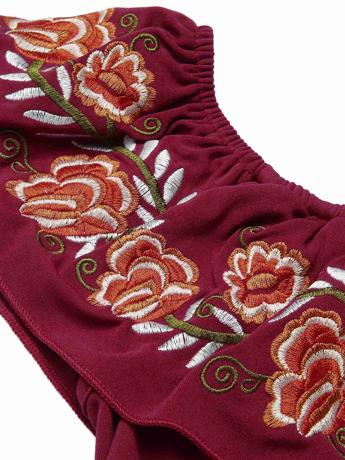 Tiefrot 1960er Schulterfrei Stickerei Kleid - Image 4