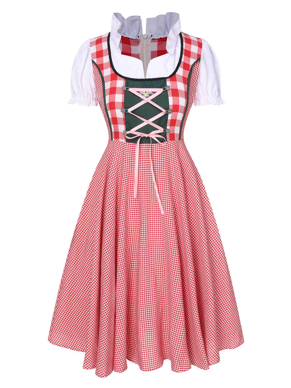 Trachten Oktoberfest Dirndl Spitzen Plaid Dirndl Kleid - Image 7