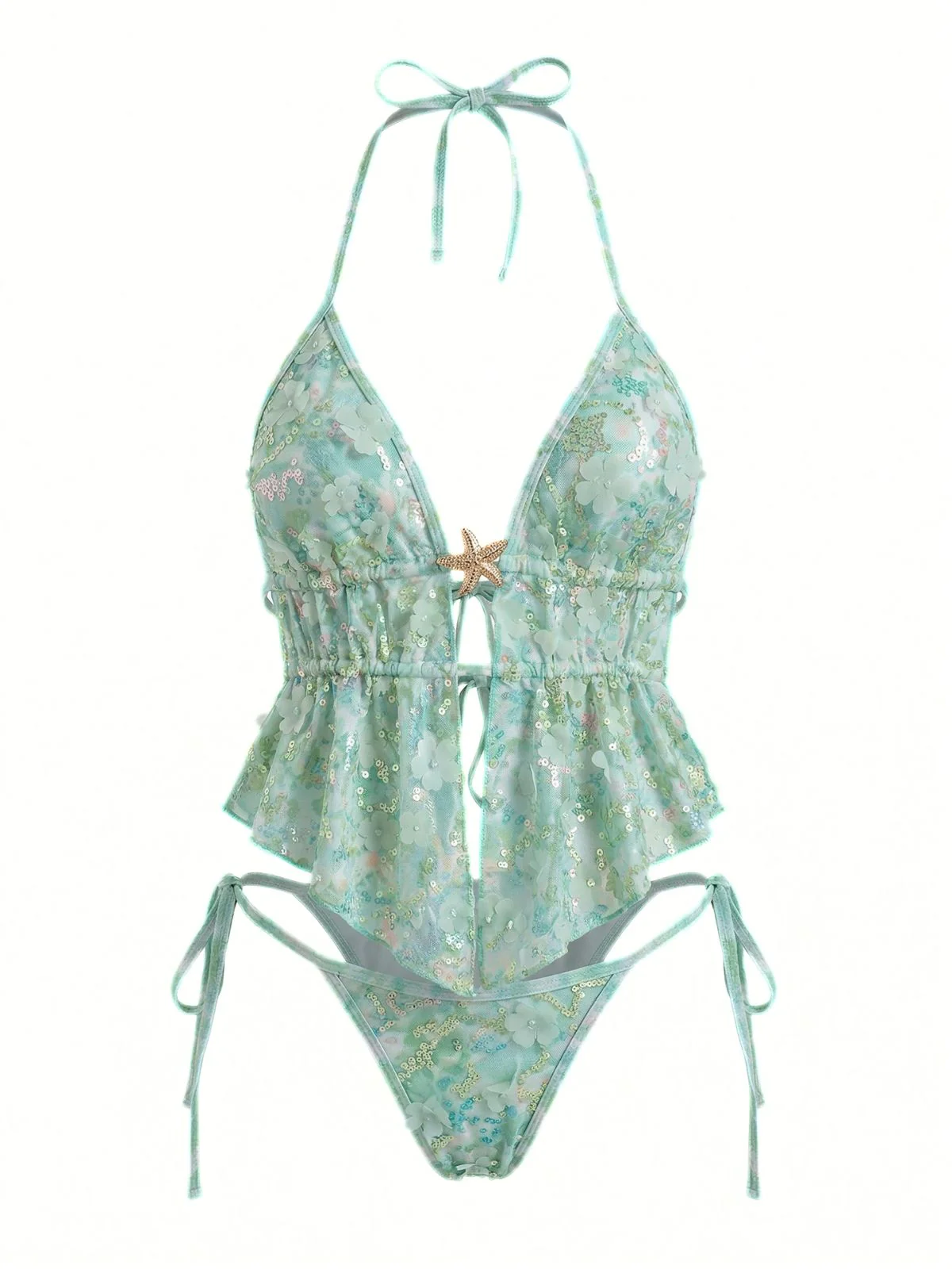 Türkis 1960er Blumen Pailletten Halter Bindeband Tankini Set - Image 3