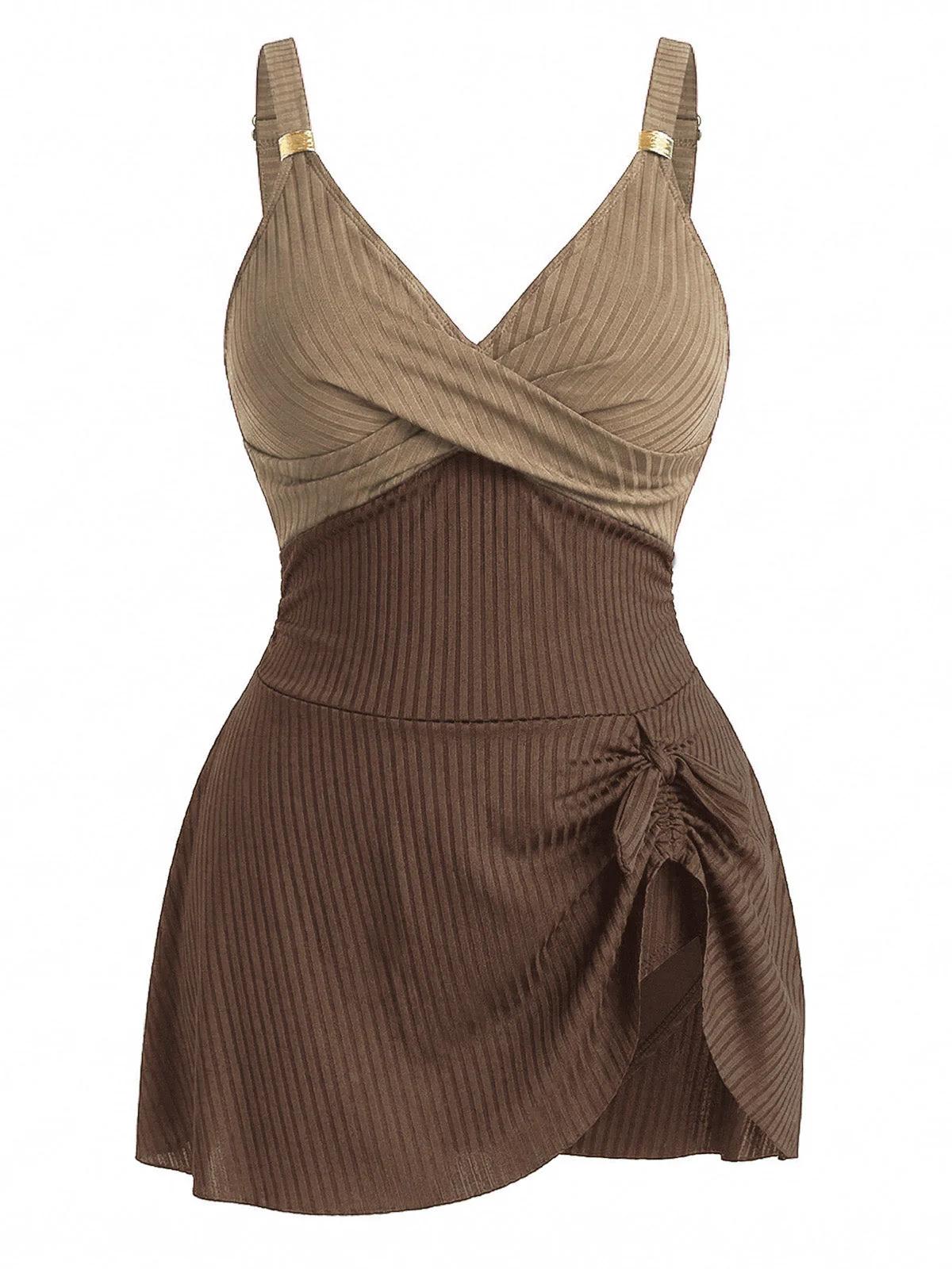 [Übergröße] 1930er Farbblock Ribbed Einteiliger Badeanzug - Image 8