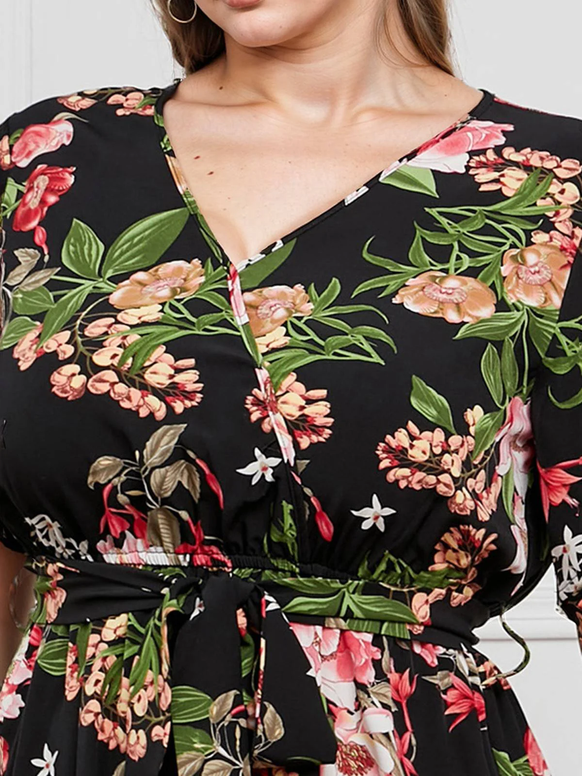 [Übergröße] 1940er Überkreuztes V-Ausschnitt Gürtel Blumen Kleid - Image 10