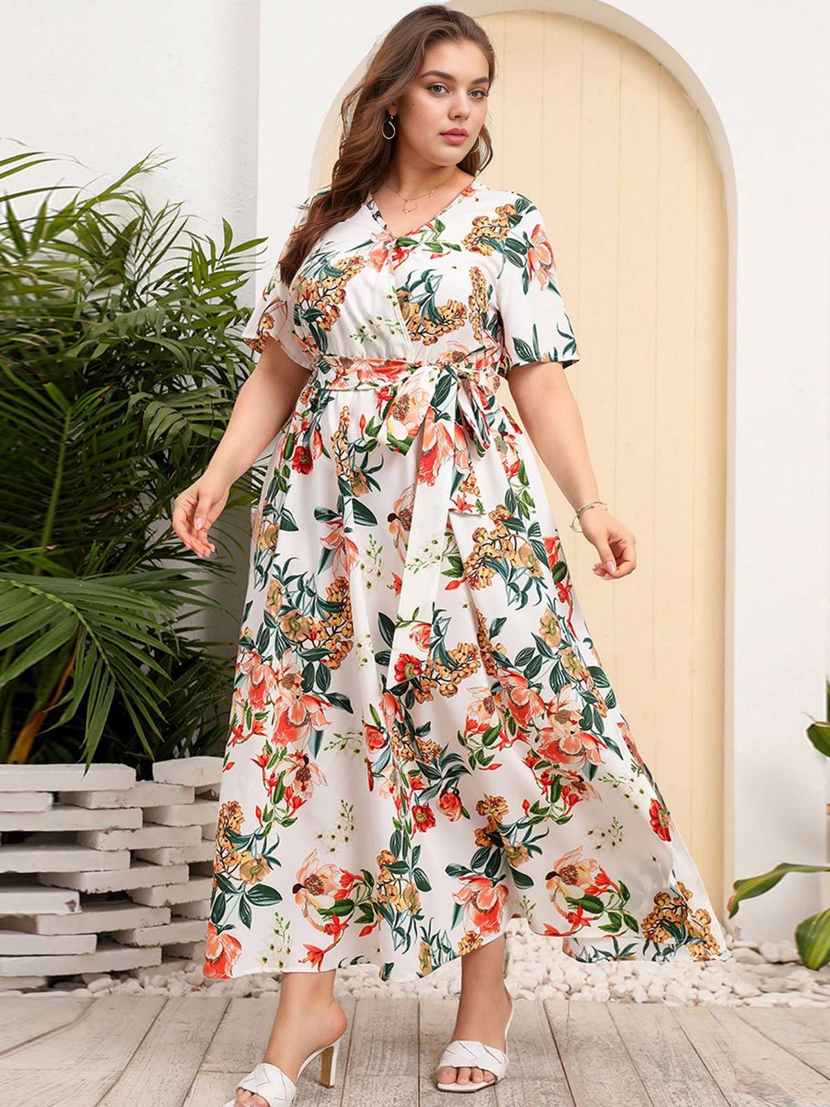 [Übergröße] 1940er Überkreuztes V-Ausschnitt Gürtel Blumen Kleid - Image 2