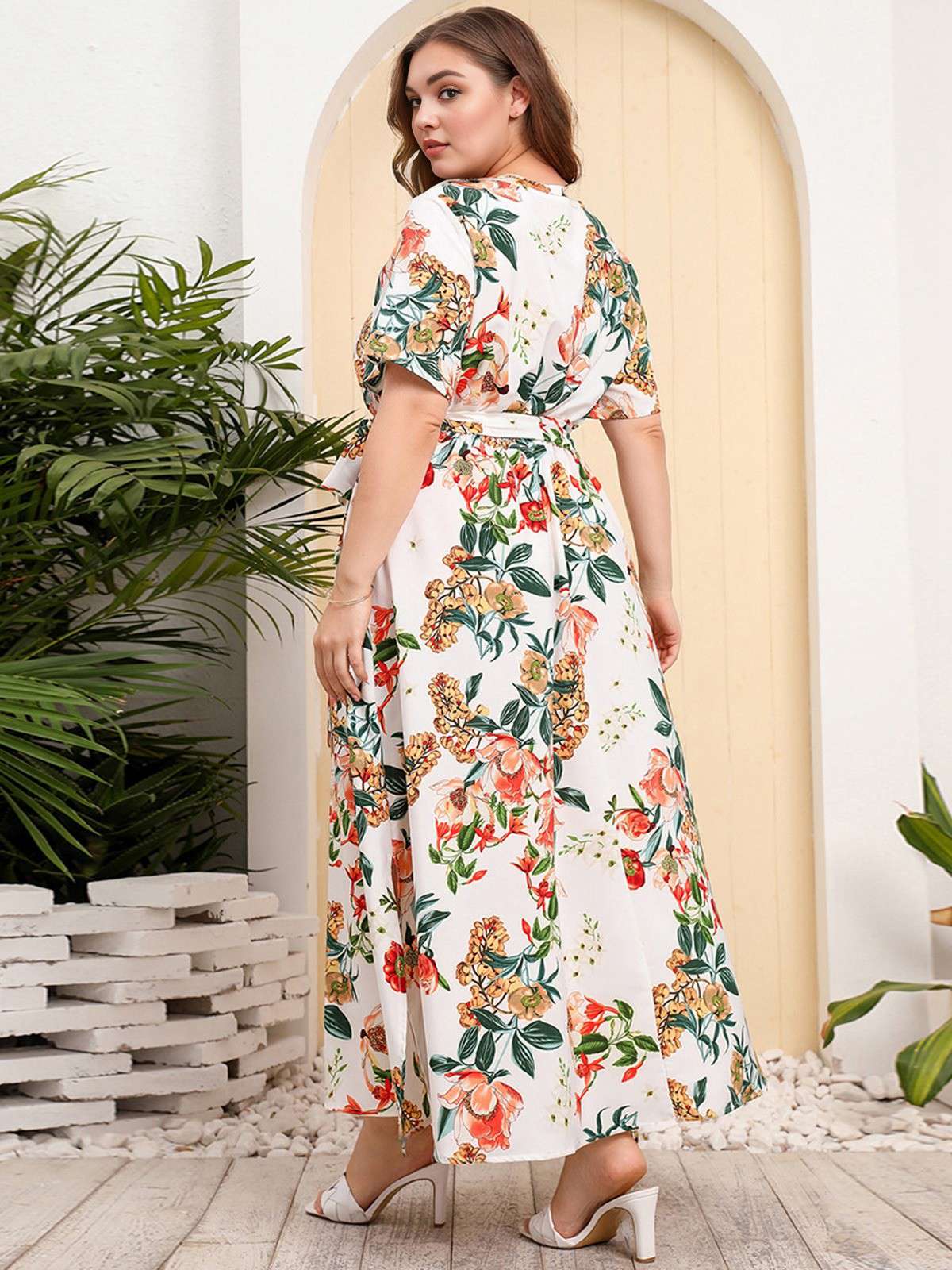[Übergröße] 1940er Überkreuztes V-Ausschnitt Gürtel Blumen Kleid - Image 3