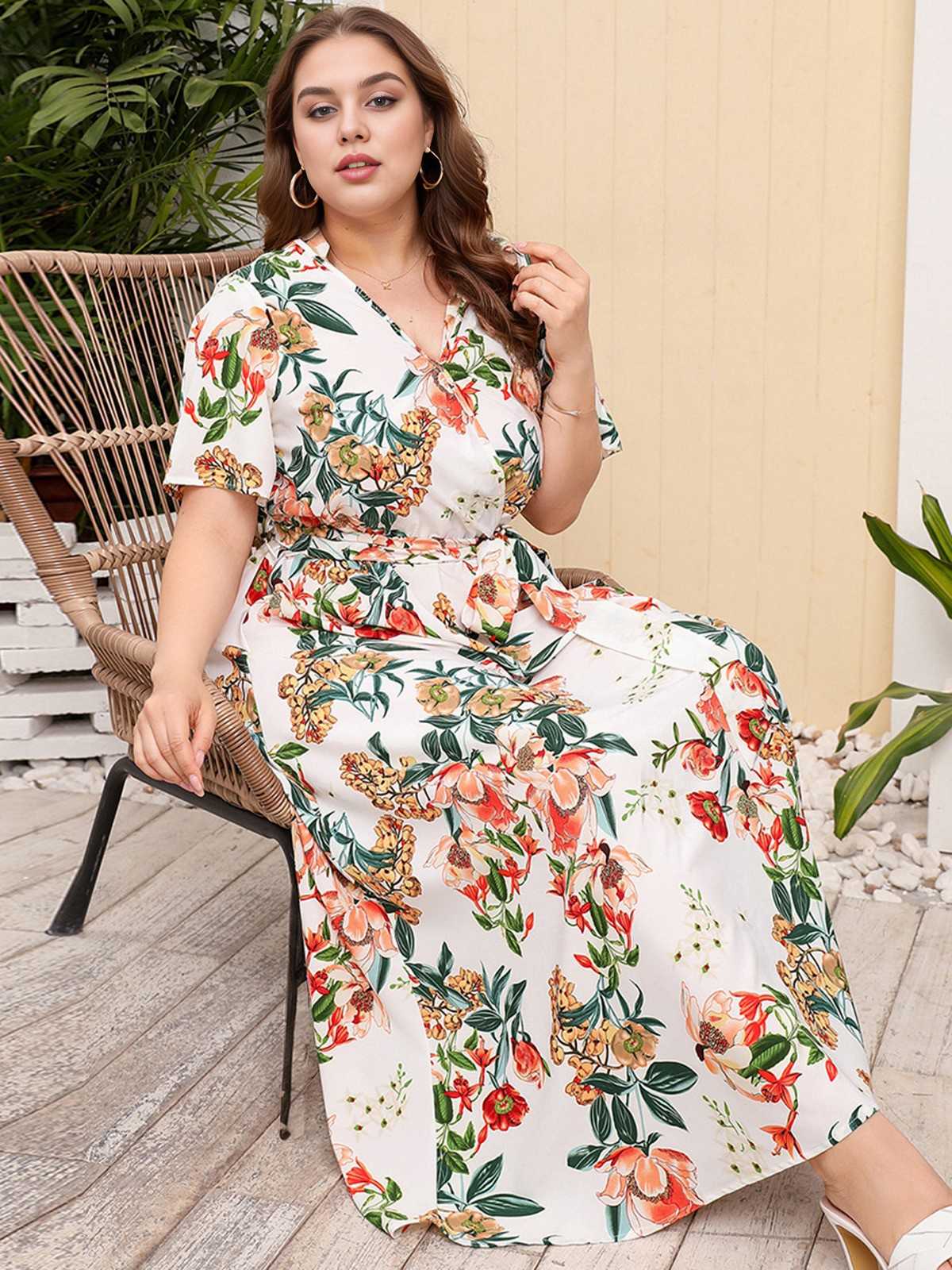 [Übergröße] 1940er Überkreuztes V-Ausschnitt Gürtel Blumen Kleid - Image 4