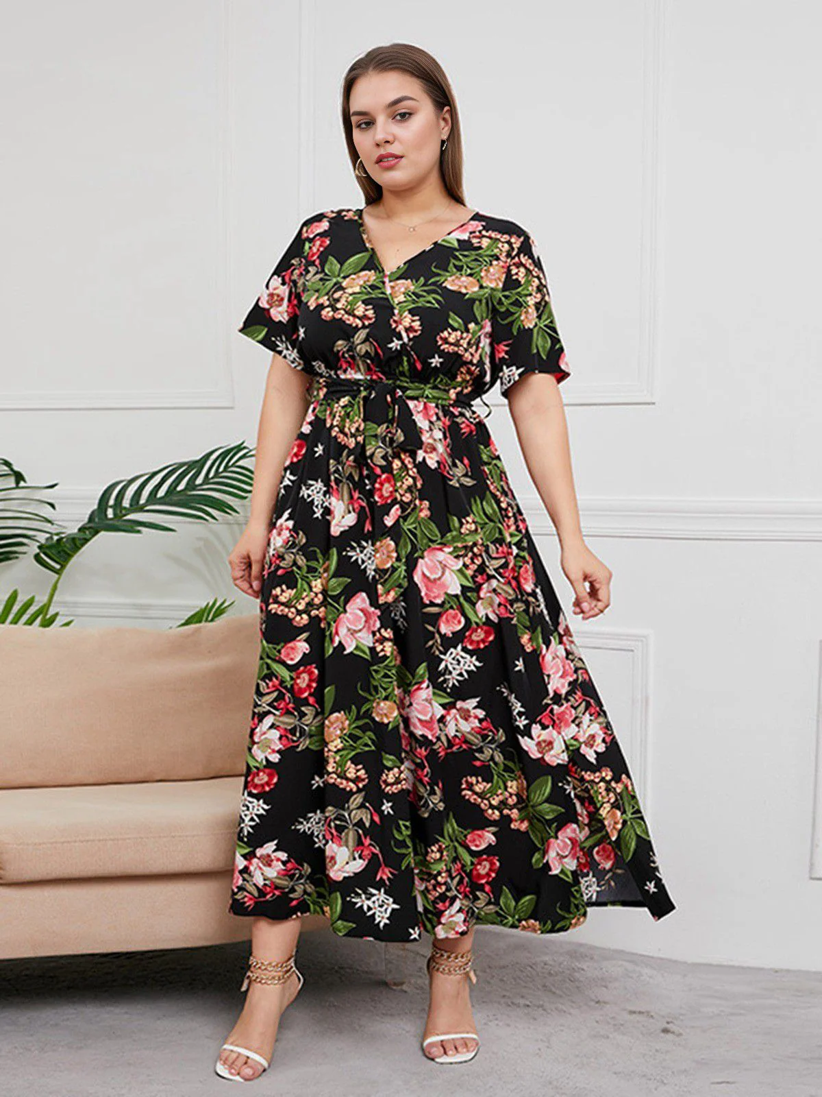 [Übergröße] 1940er Überkreuztes V-Ausschnitt Gürtel Blumen Kleid - Image 6