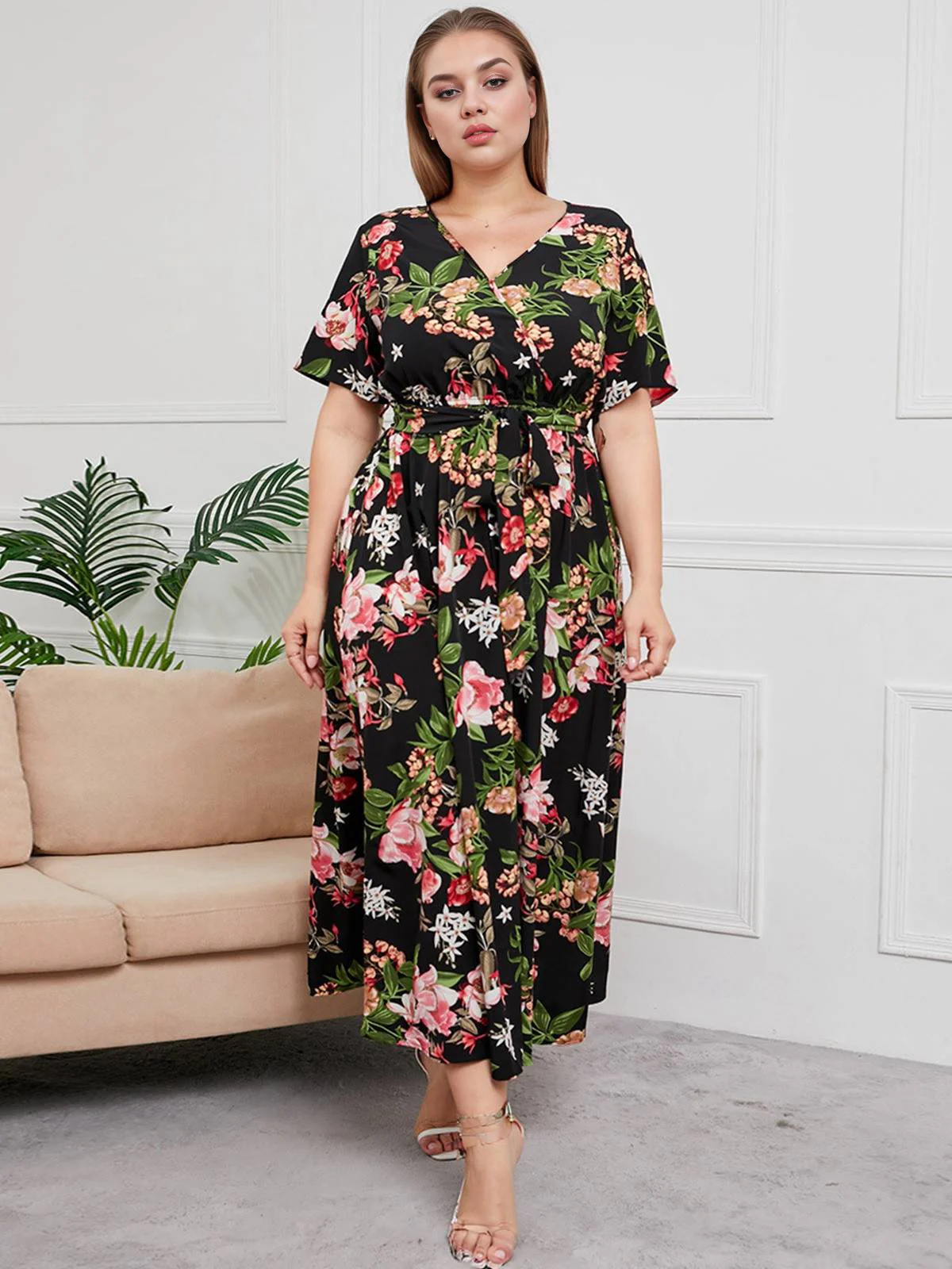 [Übergröße] 1940er Überkreuztes V-Ausschnitt Gürtel Blumen Kleid - Image 7
