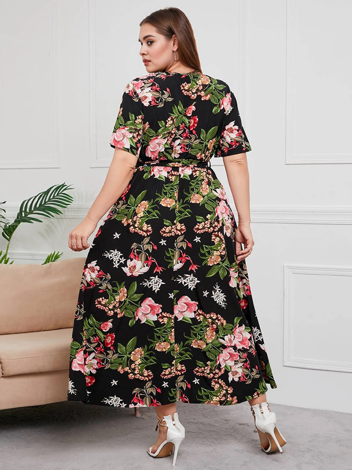 [Übergröße] 1940er Überkreuztes V-Ausschnitt Gürtel Blumen Kleid - Image 8