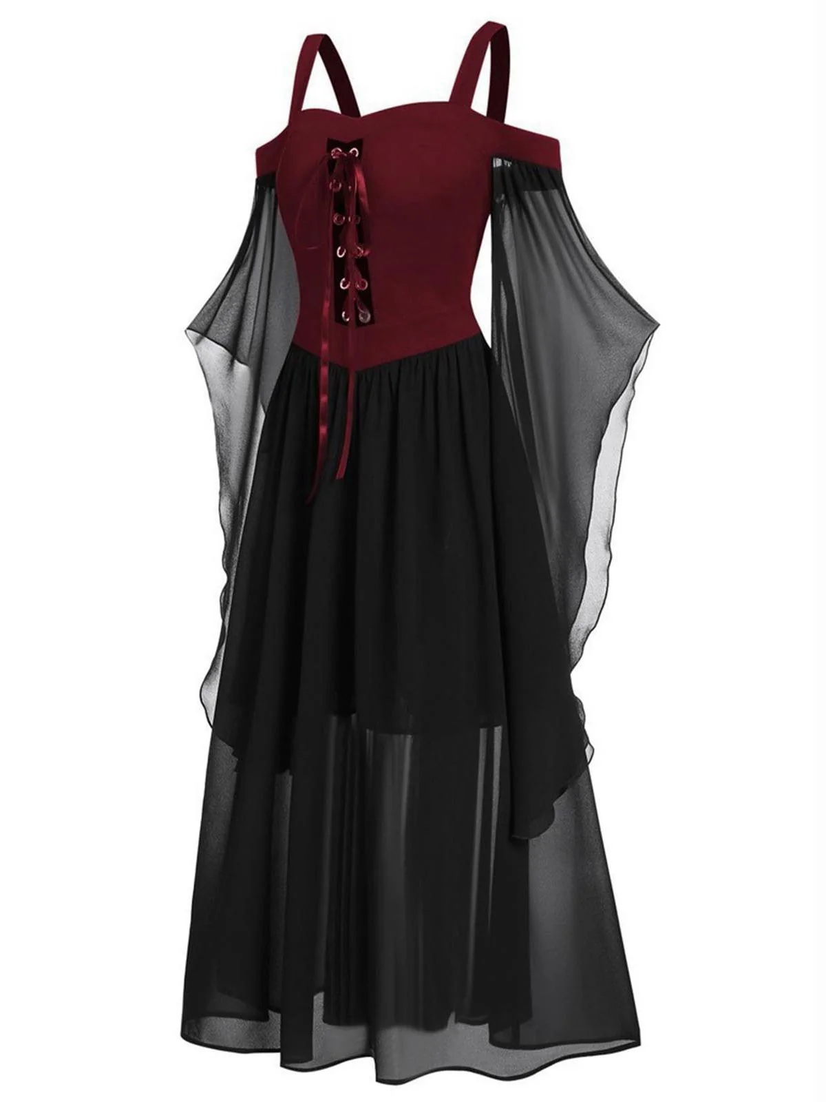[Übergröße] 1950er Gothic Hosenträger Kontrast Chiffon Strap Kleid - Image 2