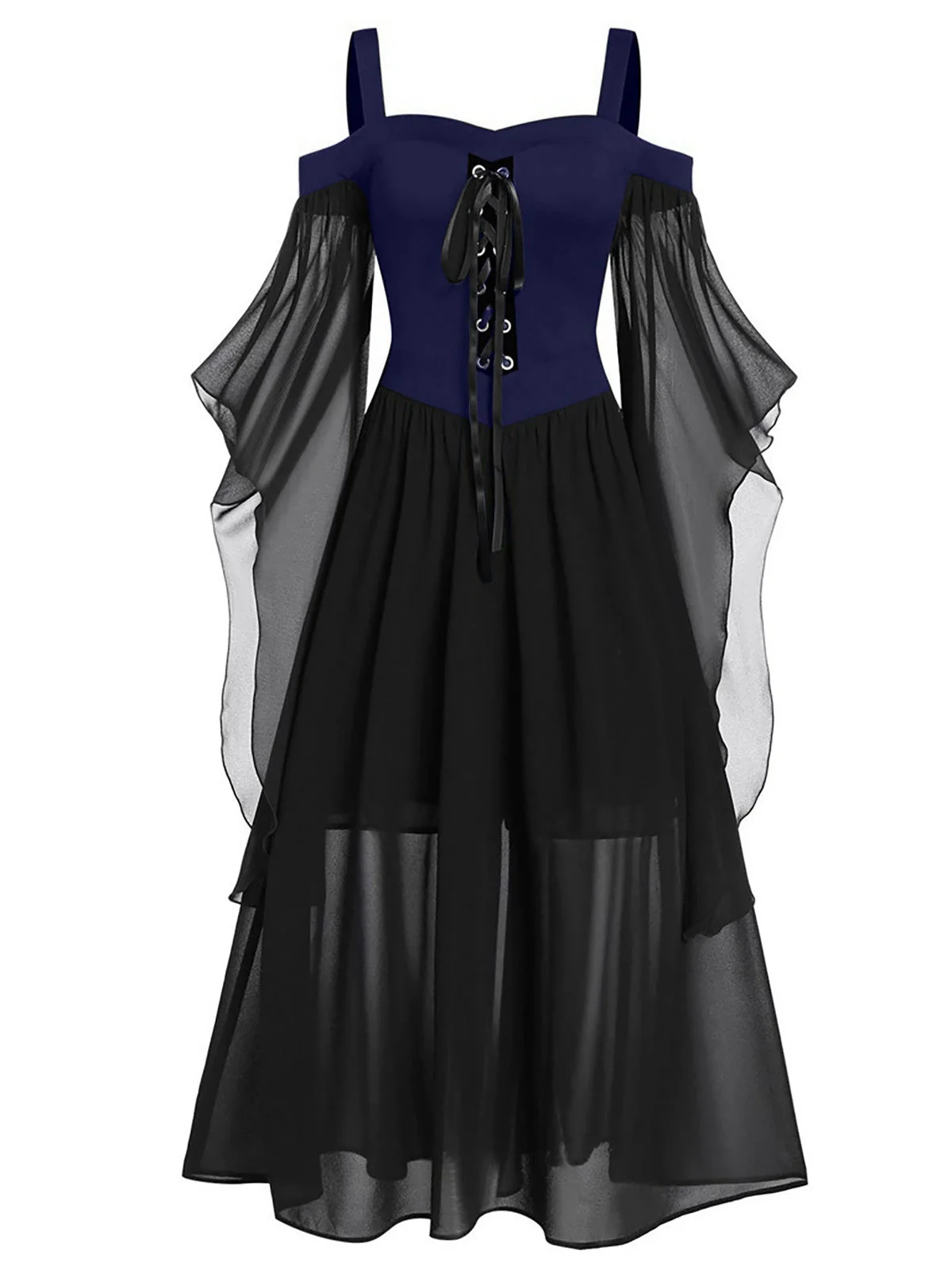 [Übergröße] 1950er Gothic Hosenträger Kontrast Chiffon Strap Kleid - Image 6