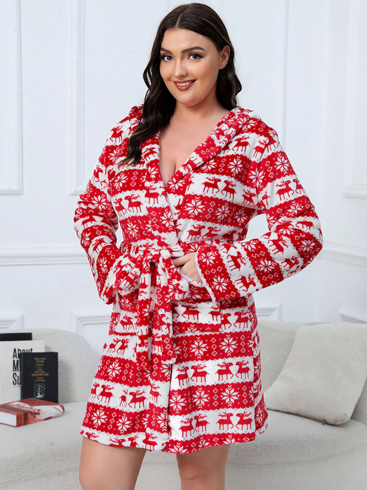 [Übergröße] 1950er Winter Plüsch Kapuzen Robe - Image 3