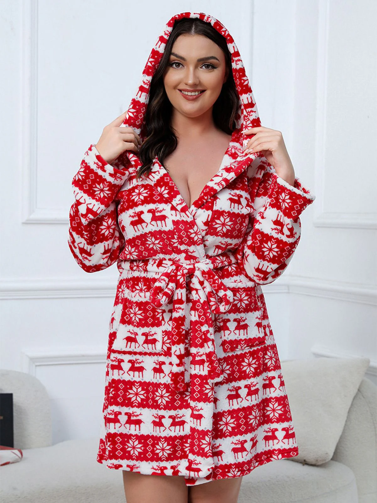 [Übergröße] 1950er Winter Plüsch Kapuzen Robe - Image 5