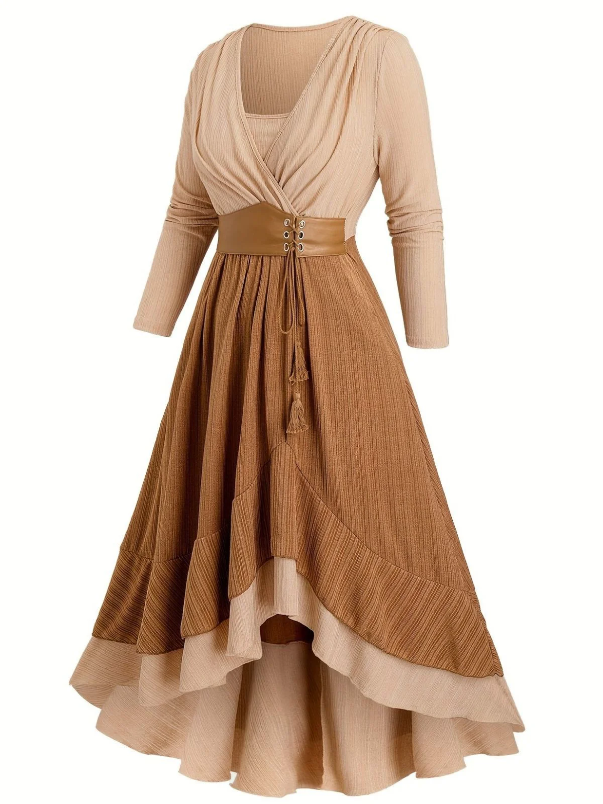 [Übergröße] 1970er Boho Binden Quaste Saum Rüschen Gerippt Kleid - Image 2
