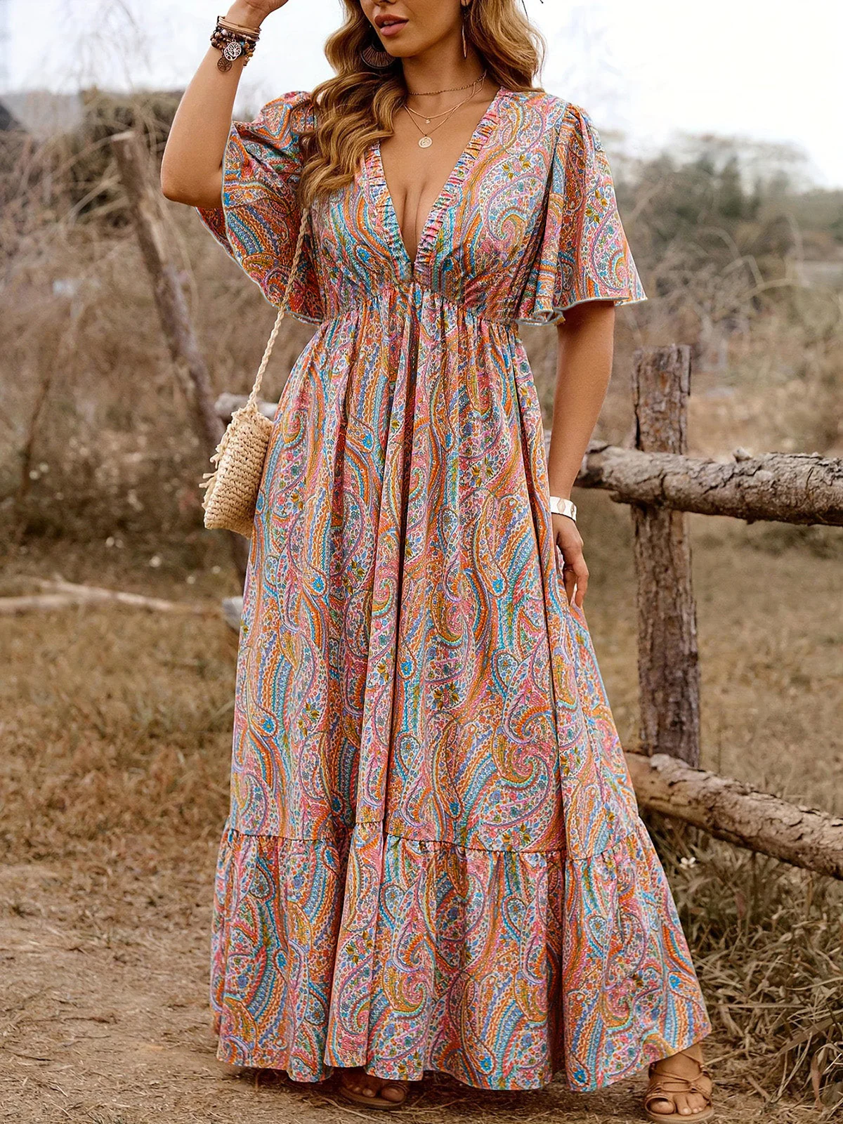 [Übergröße] 1970er Boho Paisley V-Ausschnitt Flatterärmel Maxi Kleid - Image 2