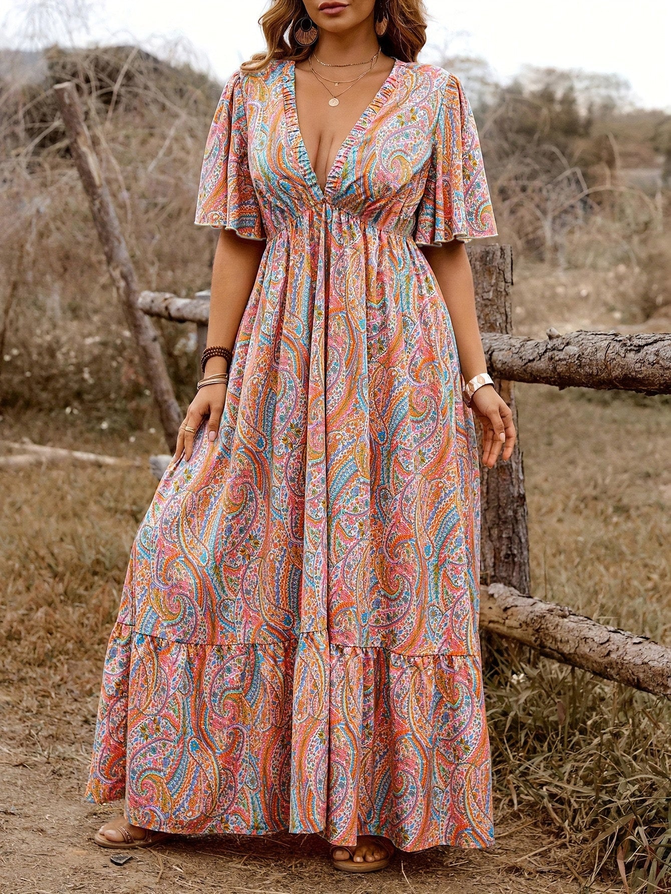 [Übergröße] 1970er Boho Paisley V-Ausschnitt Flatterärmel Maxi Kleid - Image 3
