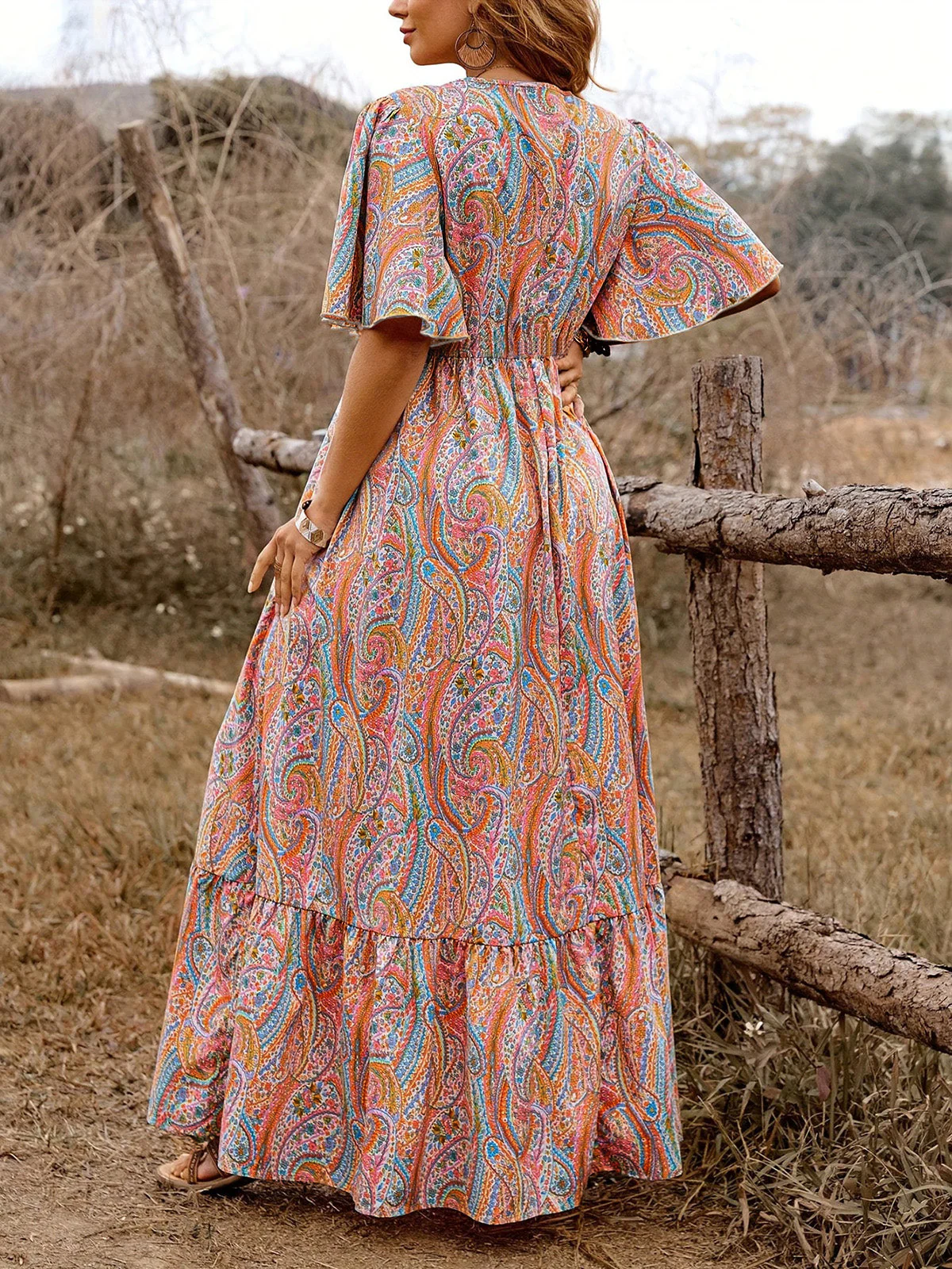 [Übergröße] 1970er Boho Paisley V-Ausschnitt Flatterärmel Maxi Kleid - Image 4