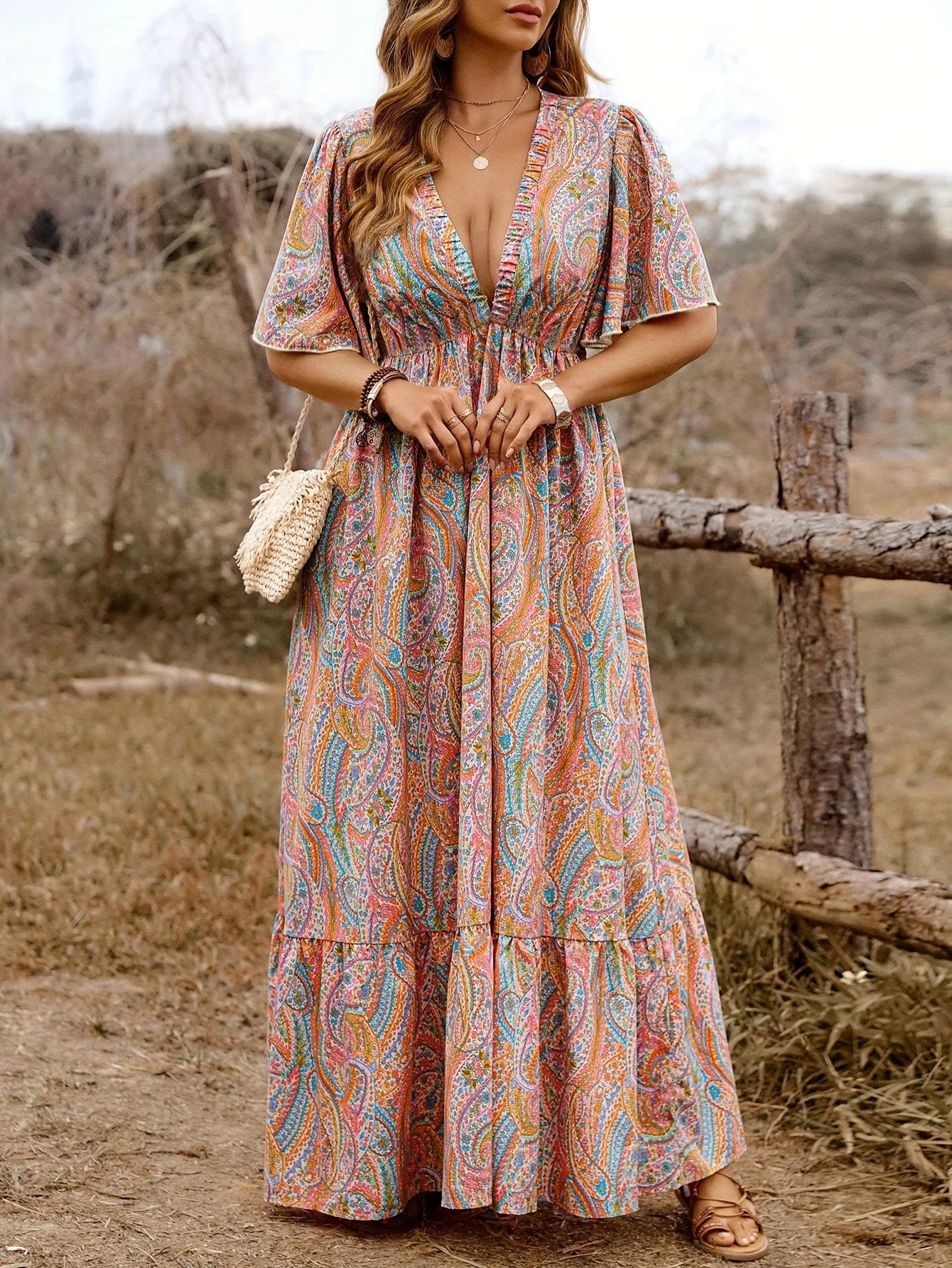 [Übergröße] 1970er Boho Paisley V-Ausschnitt Flatterärmel Maxi Kleid - Image 5