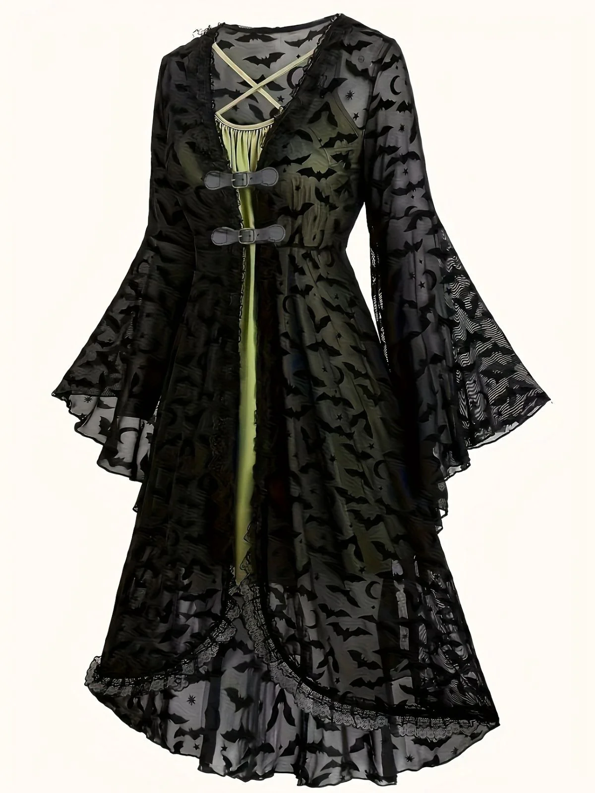 [Übergröße] 2PCS Schwarz 1940er Schläger Netz Außengewand & Grün Kleid - Image 2