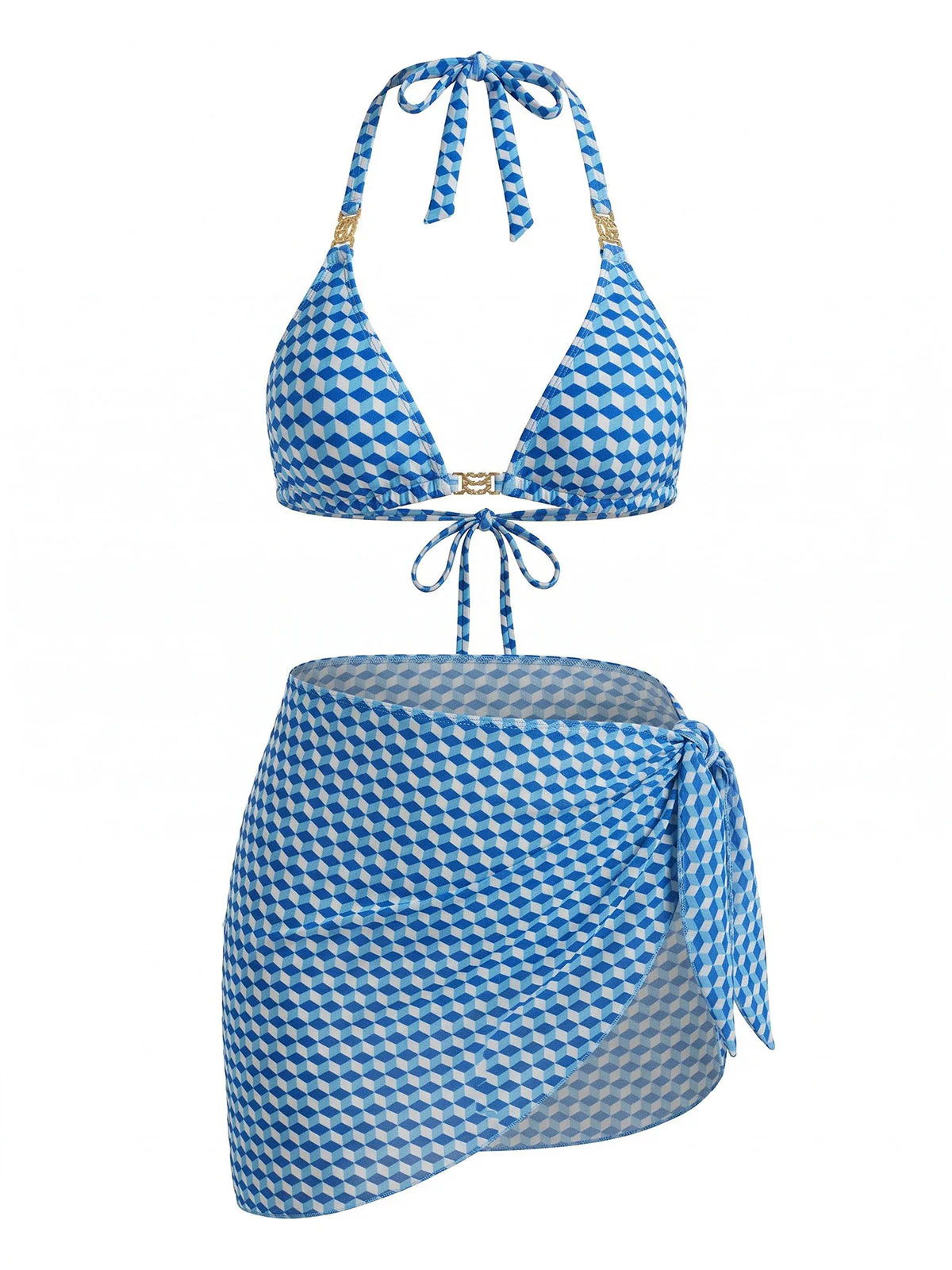 [Übergröße] 70er Bikini-Set mit Neckholder, geometrischem 3D-Würfel-Print und Cover-Up in Blau - Image 2