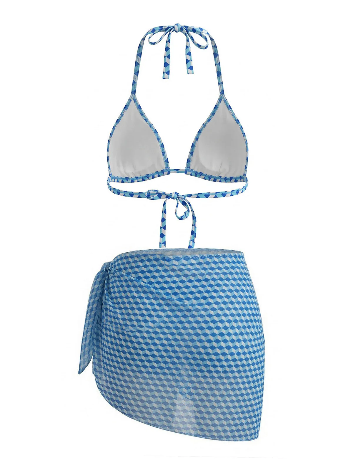 [Übergröße] 70er Bikini-Set mit Neckholder, geometrischem 3D-Würfel-Print und Cover-Up in Blau - Image 3