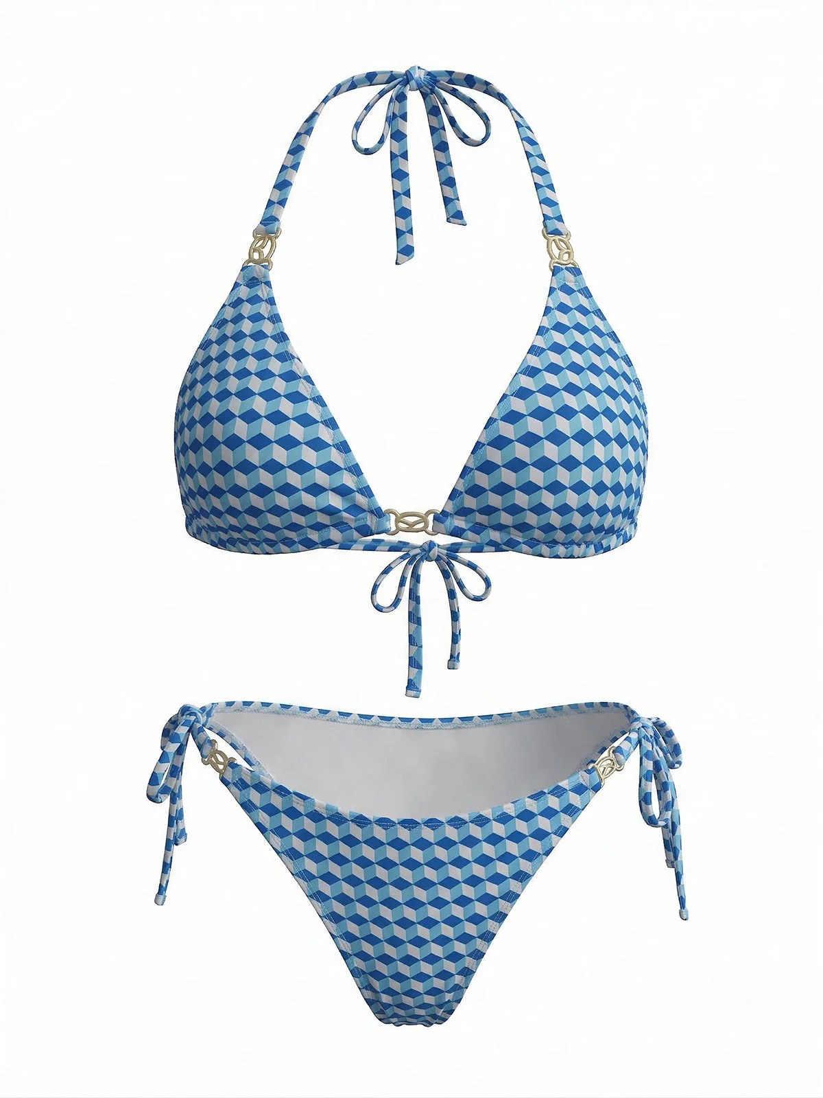 [Übergröße] 70er Bikini-Set mit Neckholder, geometrischem 3D-Würfel-Print und Cover-Up in Blau - Image 4