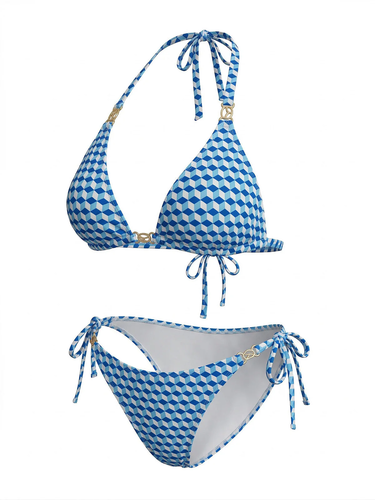 [Übergröße] 70er Bikini-Set mit Neckholder, geometrischem 3D-Würfel-Print und Cover-Up in Blau - Image 5