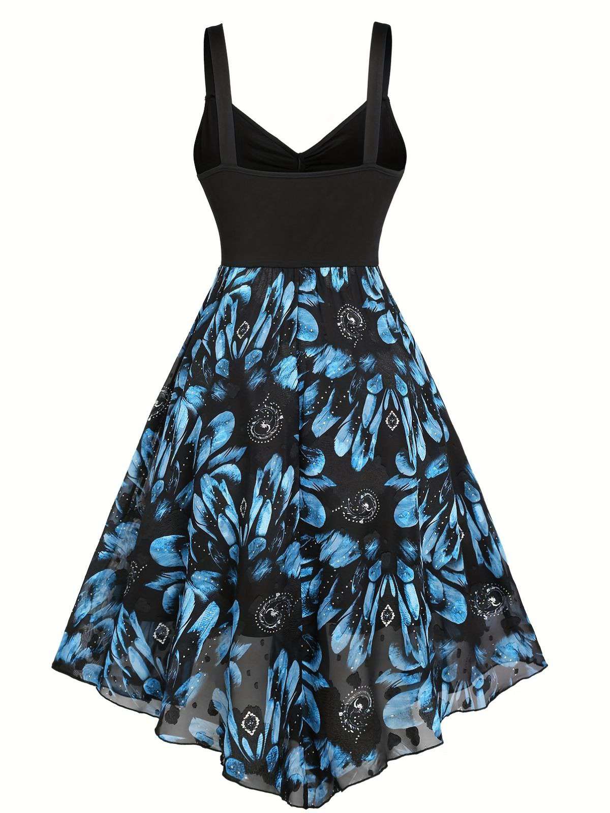 [Übergröße] Dunkelblau 1950er Feder Jacquard Asymmetrisch Kleid - Image 2