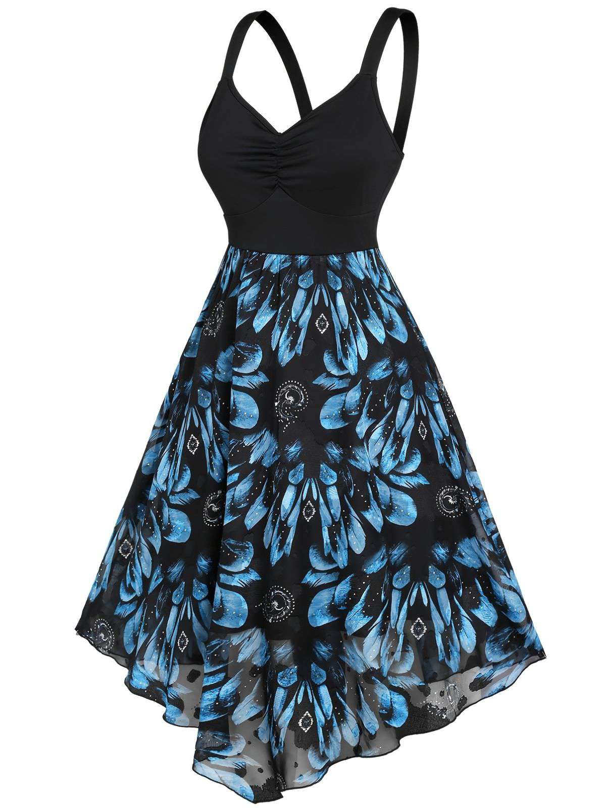 [Übergröße] Dunkelblau 1950er Feder Jacquard Asymmetrisch Kleid - Image 3