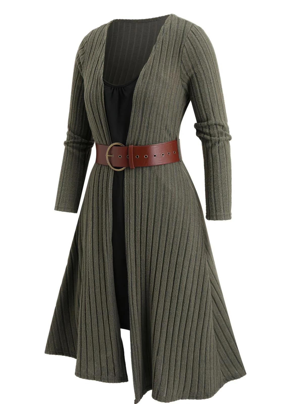 [Übergröße] Grün 1940er Stricken Layered Long Sleeve Gürtel Kleid - Image 2