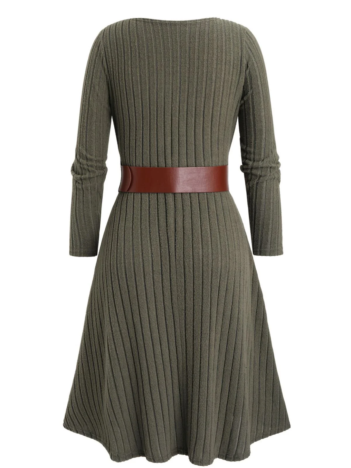 [Übergröße] Grün 1940er Stricken Layered Long Sleeve Gürtel Kleid - Image 3