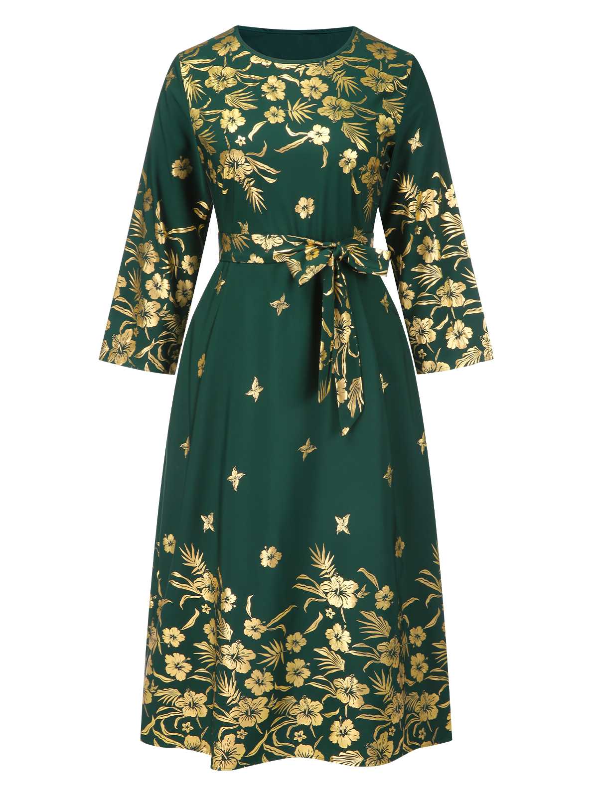 [Übergröße] Grün 1940er Vergoldet Blumen Gürtel Kleid - Image 2