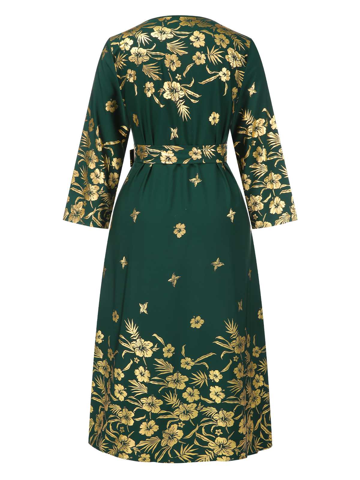 [Übergröße] Grün 1940er Vergoldet Blumen Gürtel Kleid - Image 3