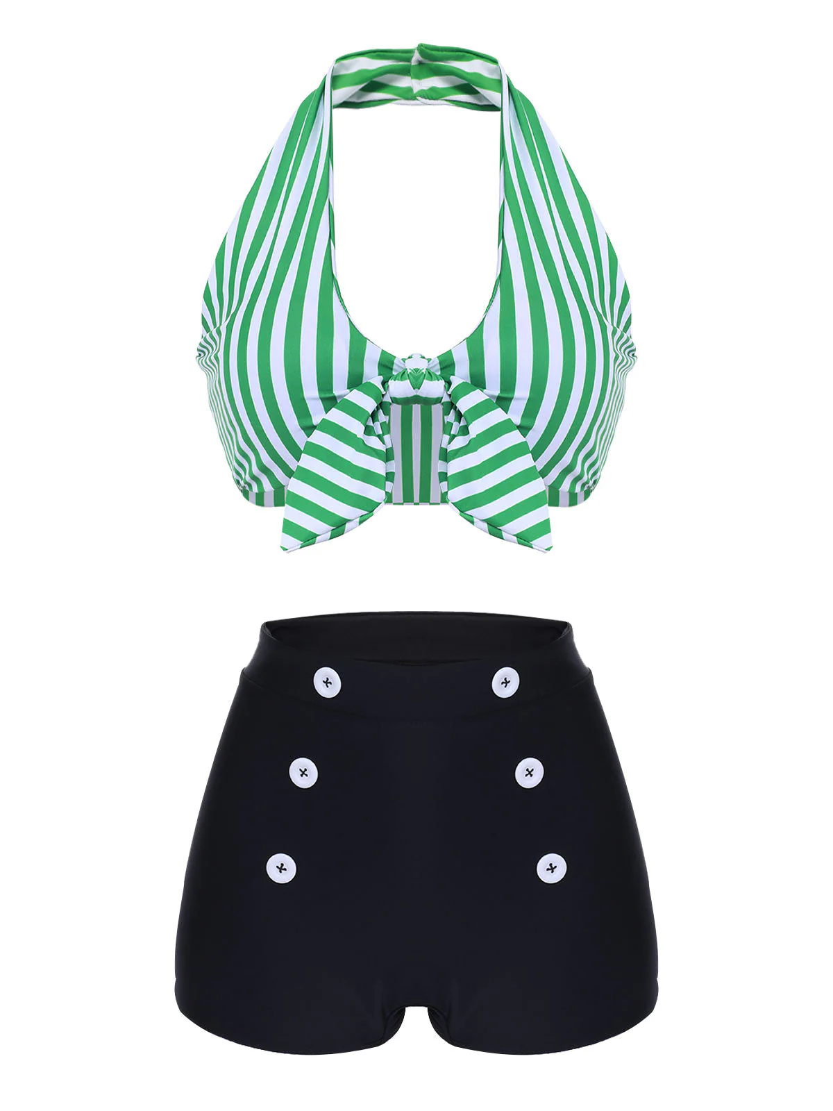 [Übergröße] Grün 1950er Retro Halter Streifen Bikini Set - Image 2