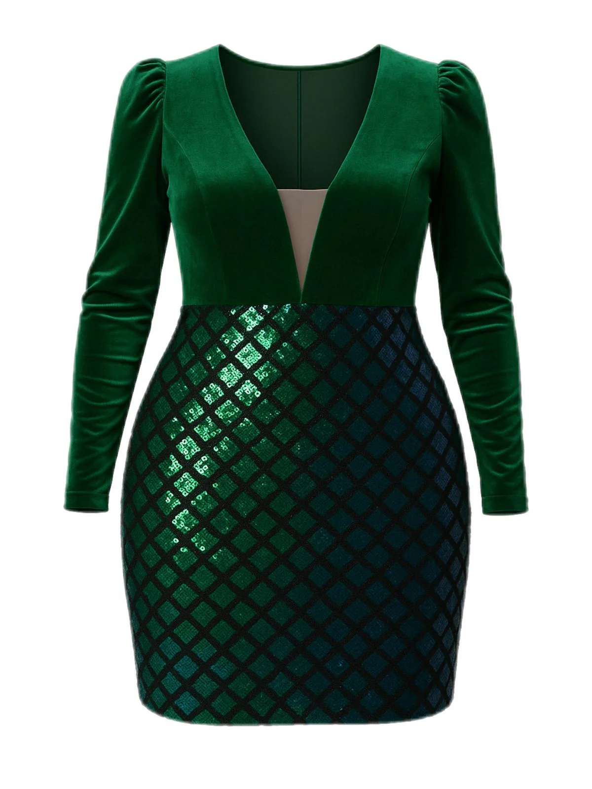 [Übergröße] Grün 1960er Pailletten V-Ausschnitt Samt Bodycon Kleid - Image 3