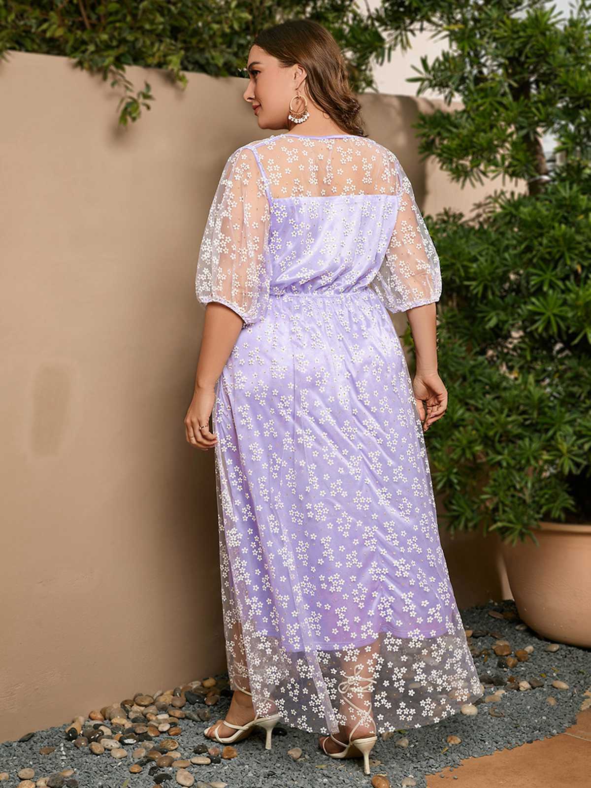 [Übergröße] Lavendel 1950er Netz Blumen Besticktes Kleid - Image 3