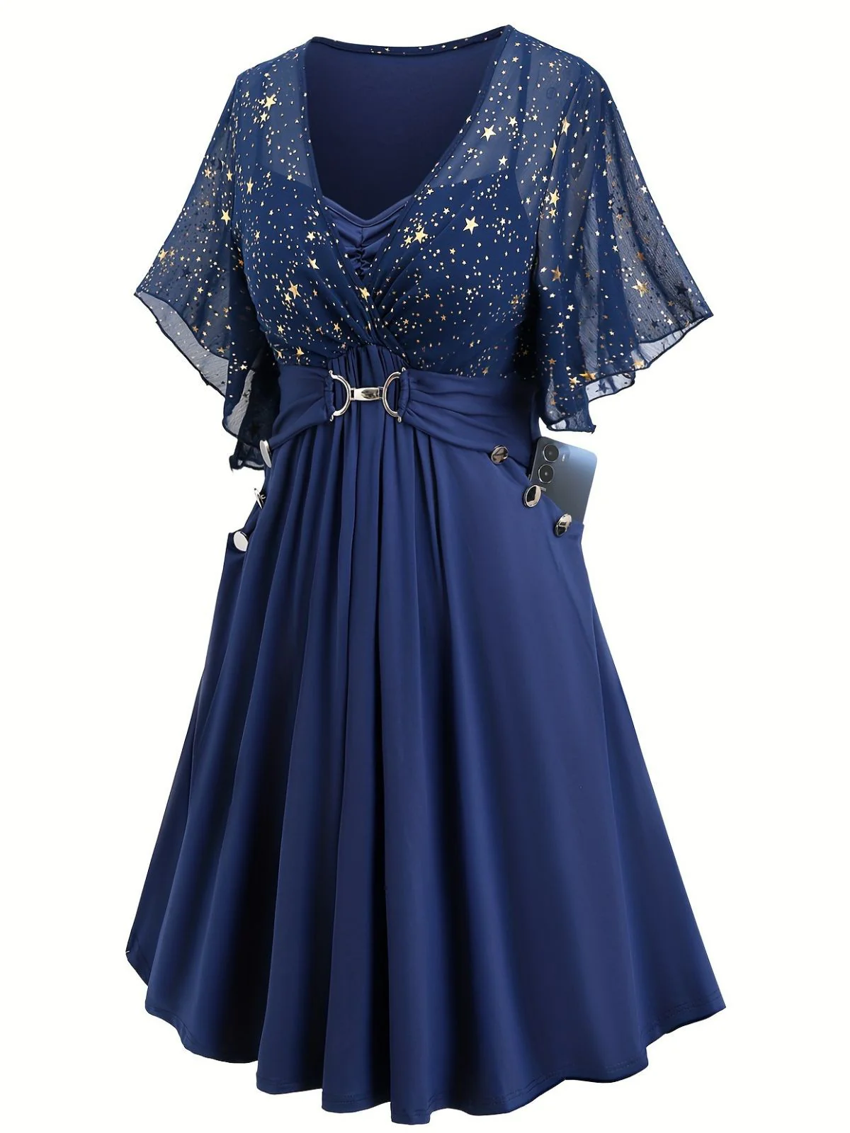 [Übergröße] Marineblau 1970er Stern Rüschen Volantärmel Kleid - Image 3