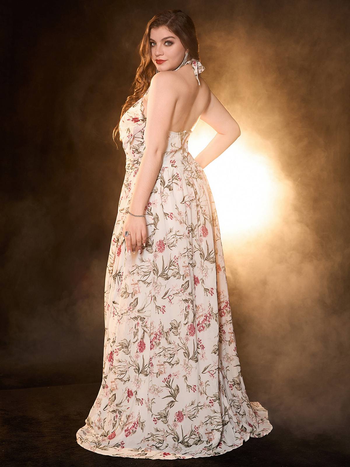 [Übergröße] Multicolor 1930er Rose Kreuzhalfter Maxi Kleid - Image 2