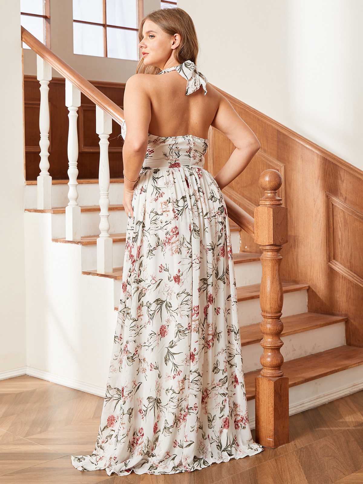 [Übergröße] Multicolor 1930er Rose Kreuzhalfter Maxi Kleid - Image 3