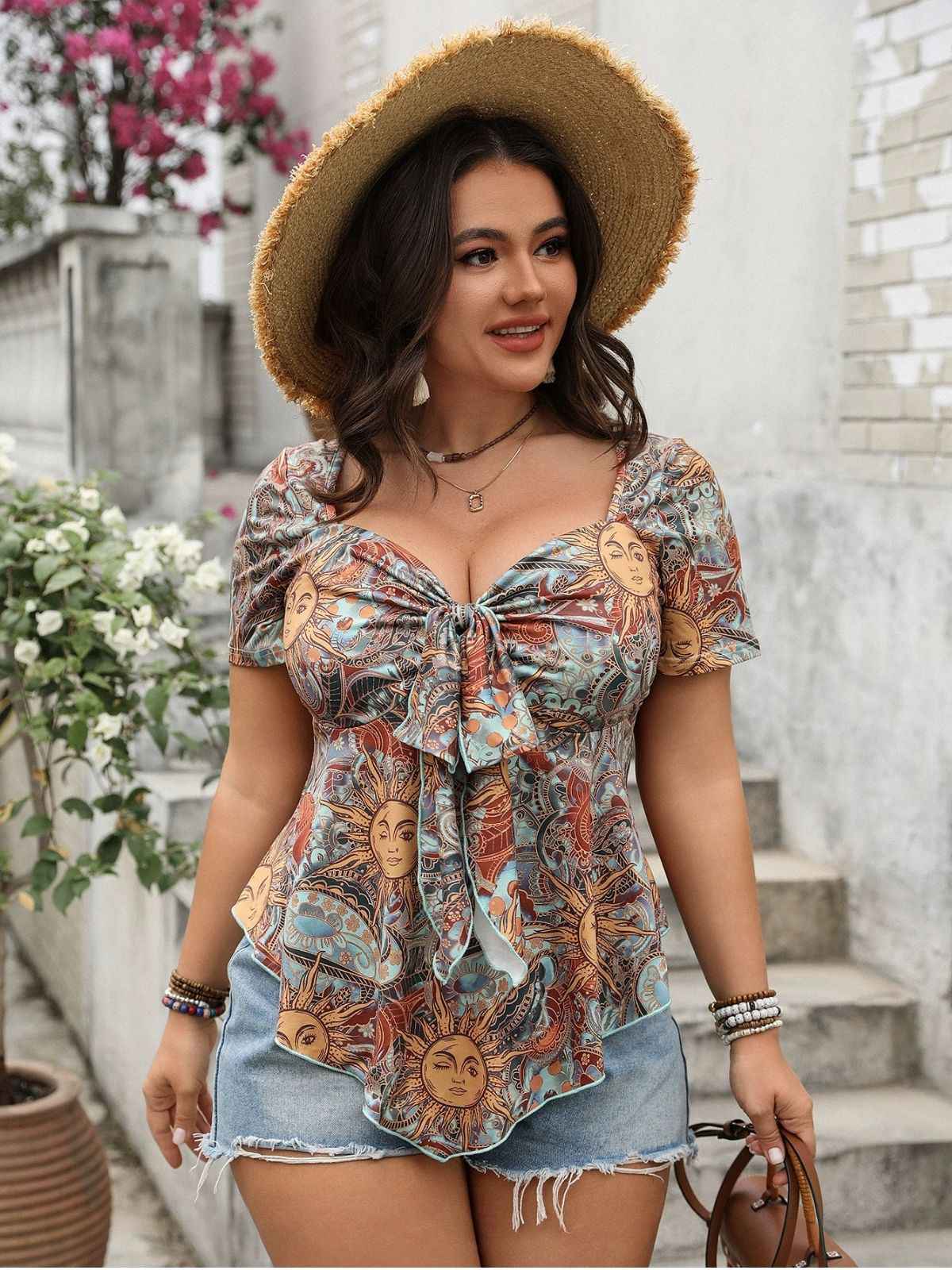 [Übergröße] Multicolor 1970S Boho Sonnendruck Bogen-Front Top - Image 2