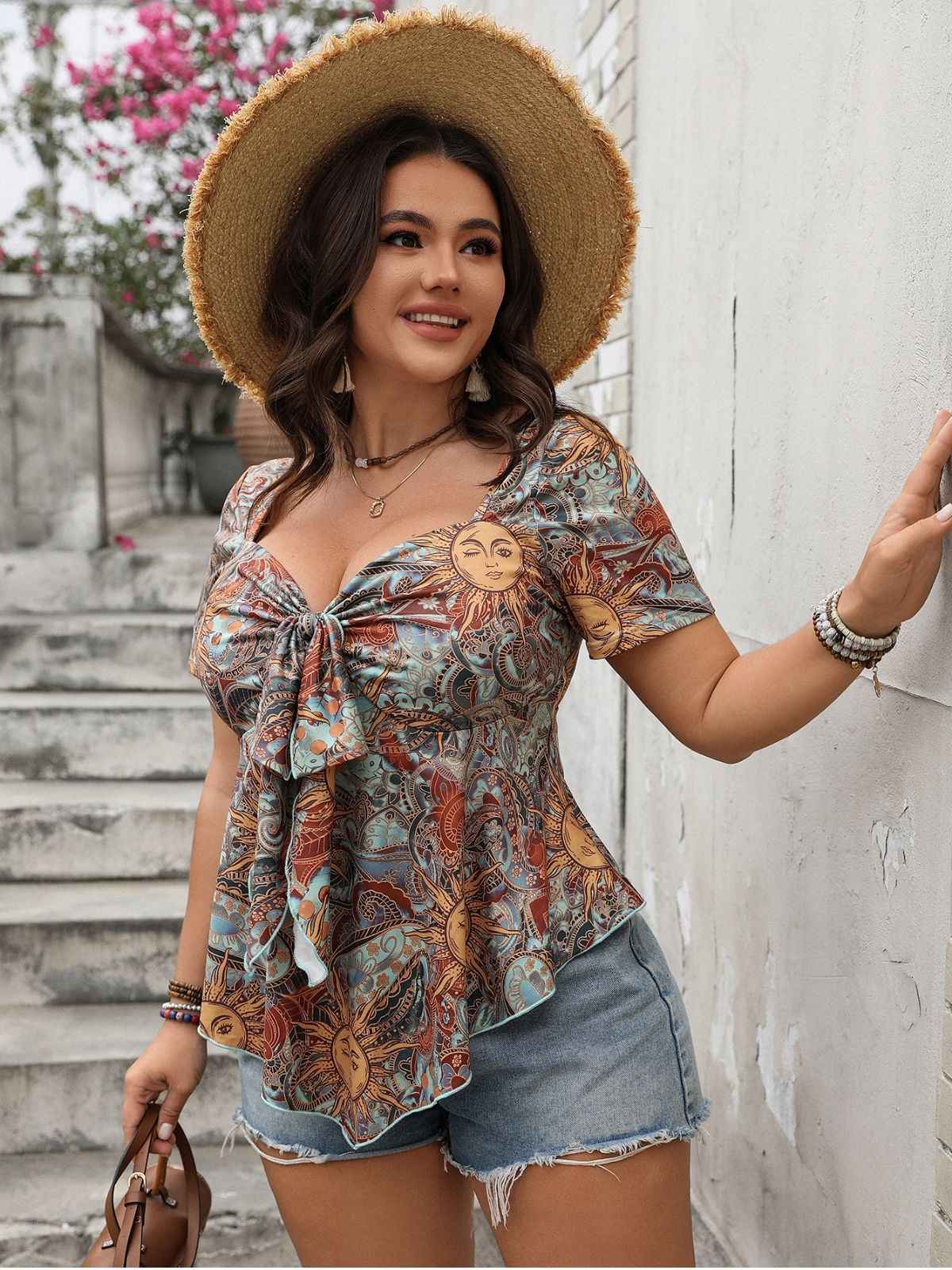 [Übergröße] Multicolor 1970S Boho Sonnendruck Bogen-Front Top - Image 3