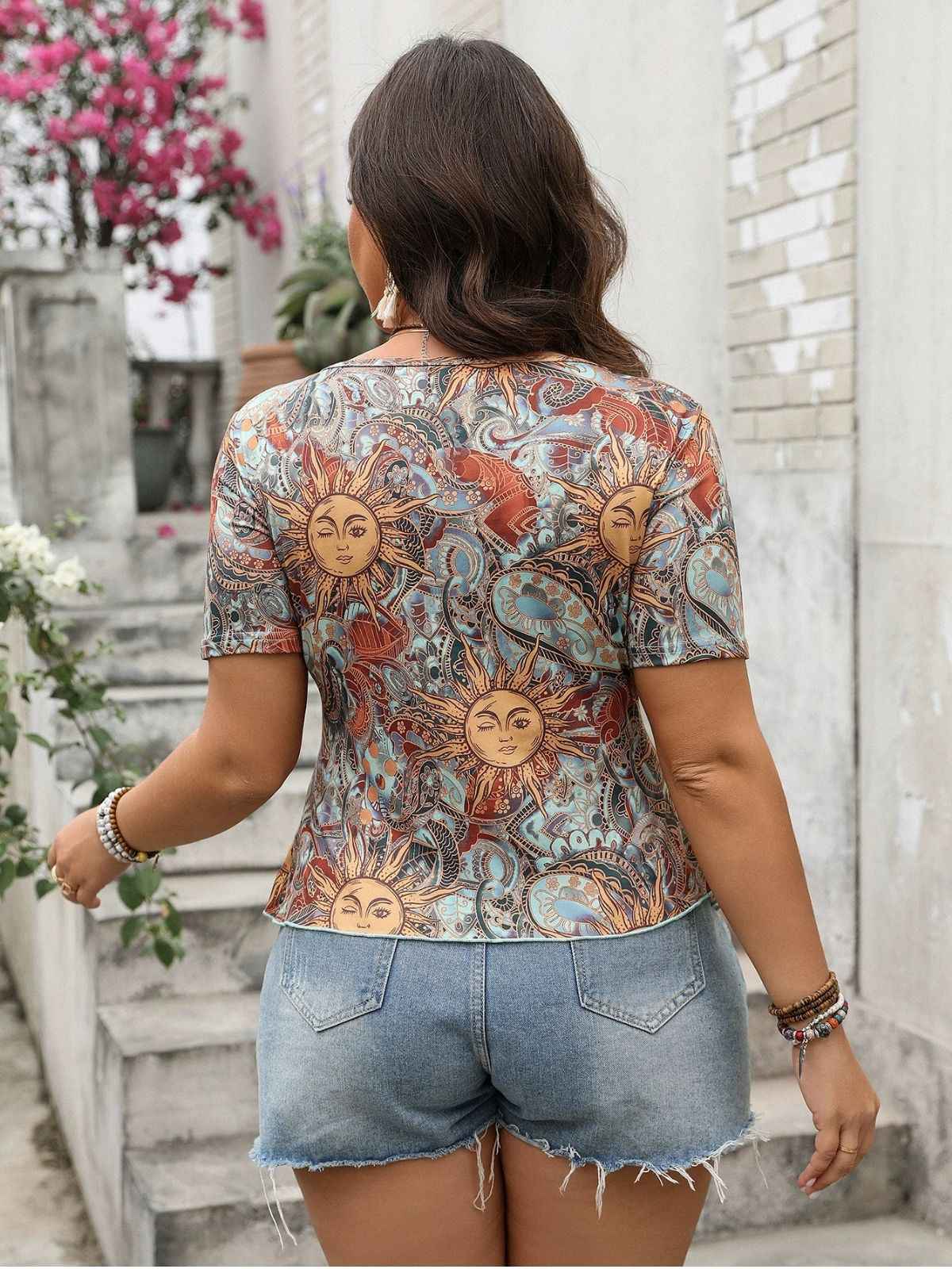 [Übergröße] Multicolor 1970S Boho Sonnendruck Bogen-Front Top - Image 4
