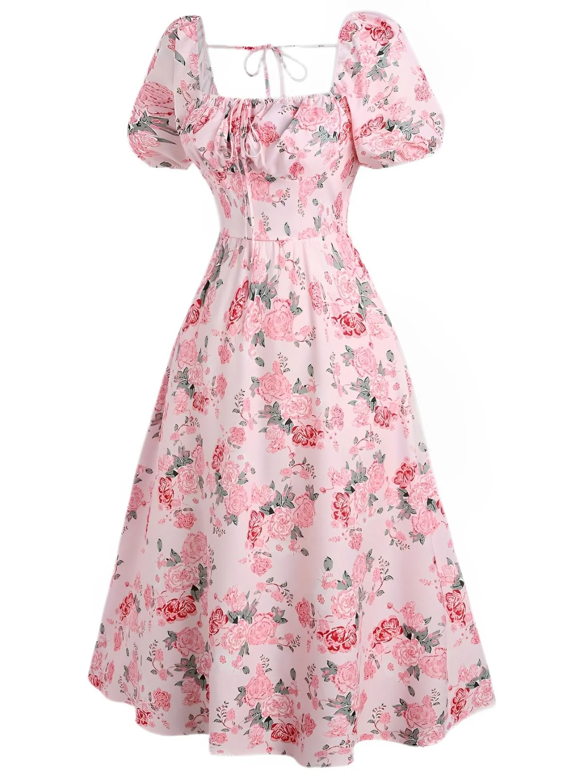 [Übergröße] Rosa 1950er Quadratischer Hals Blumen Kleid - Image 2
