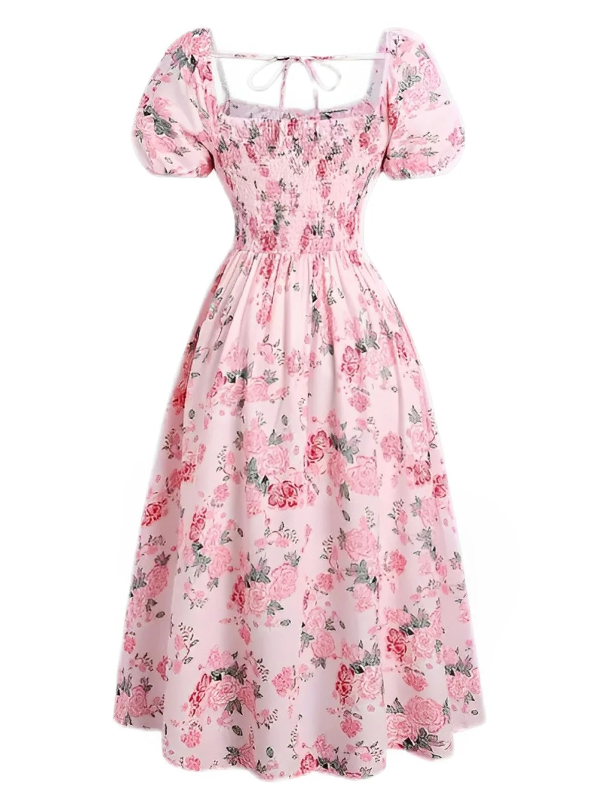 [Übergröße] Rosa 1950er Quadratischer Hals Blumen Kleid - Image 3