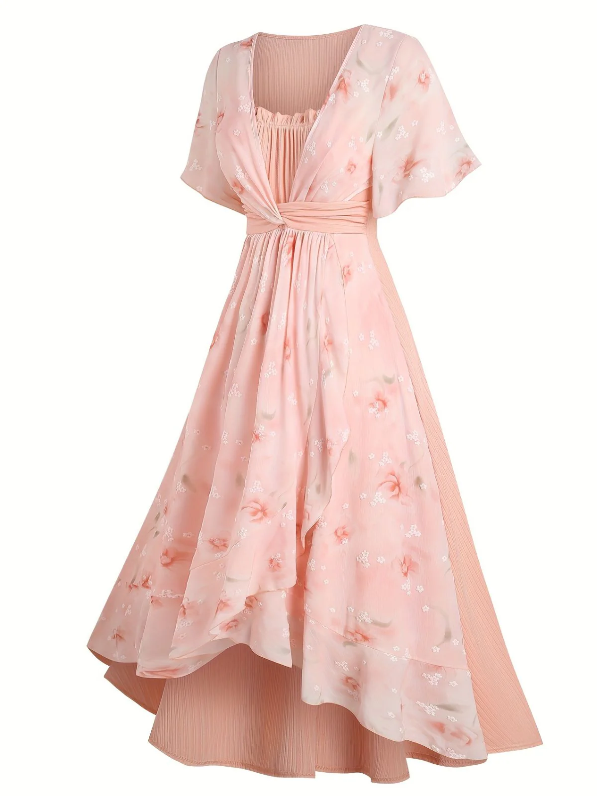 [Übergröße] Rosa 1970er Blumen Rüschen Unregelmäßigem Saum Kleid - Image 2