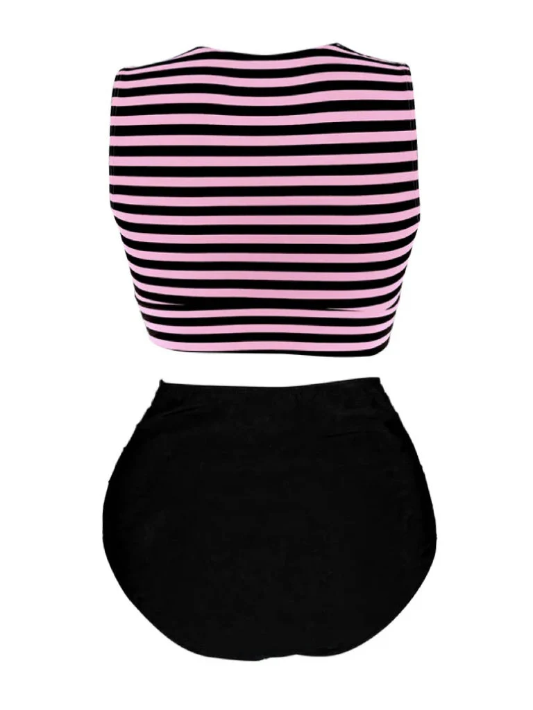 [Übergröße] Rosa & Schwarz 1970er Gestreifter Taillengürtel Patchwork Bademode - Image 2