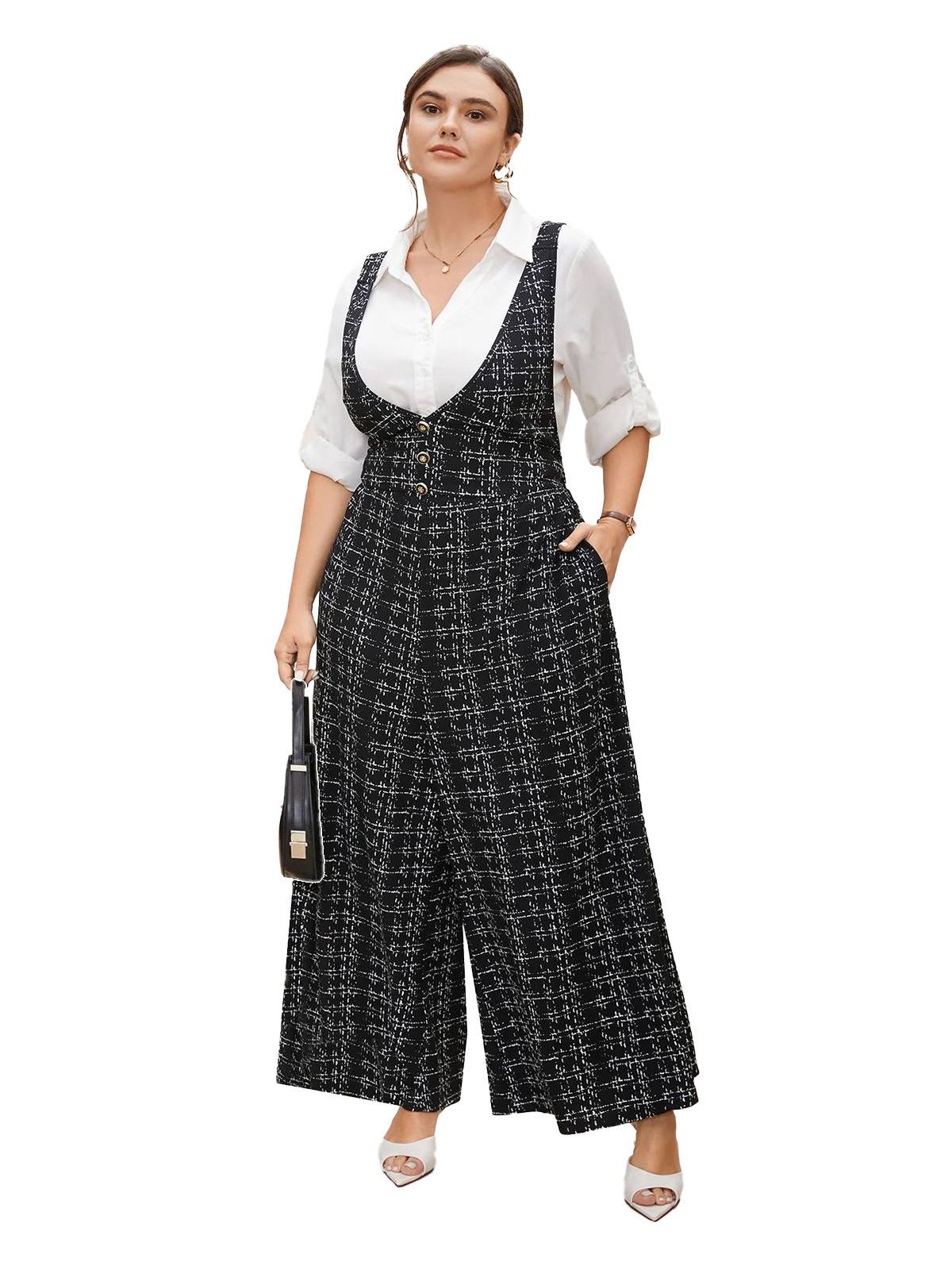 [Übergröße] Schwarz 1950er Kariert Weit-Bein Latzhose - Image 2
