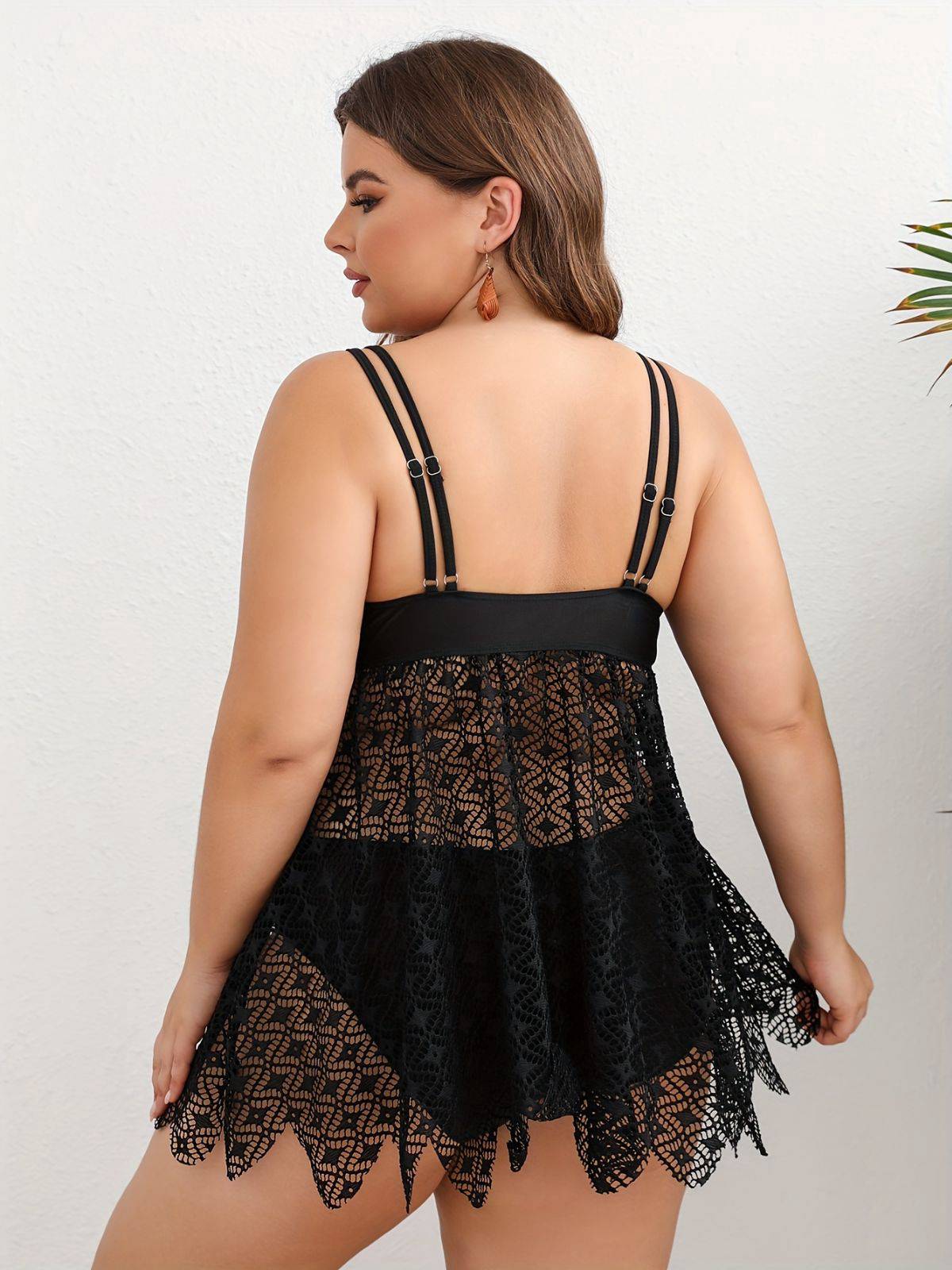 [Übergröße] Schwarz 1950er Solide Bohemien Spitze Tankini Set - Image 3