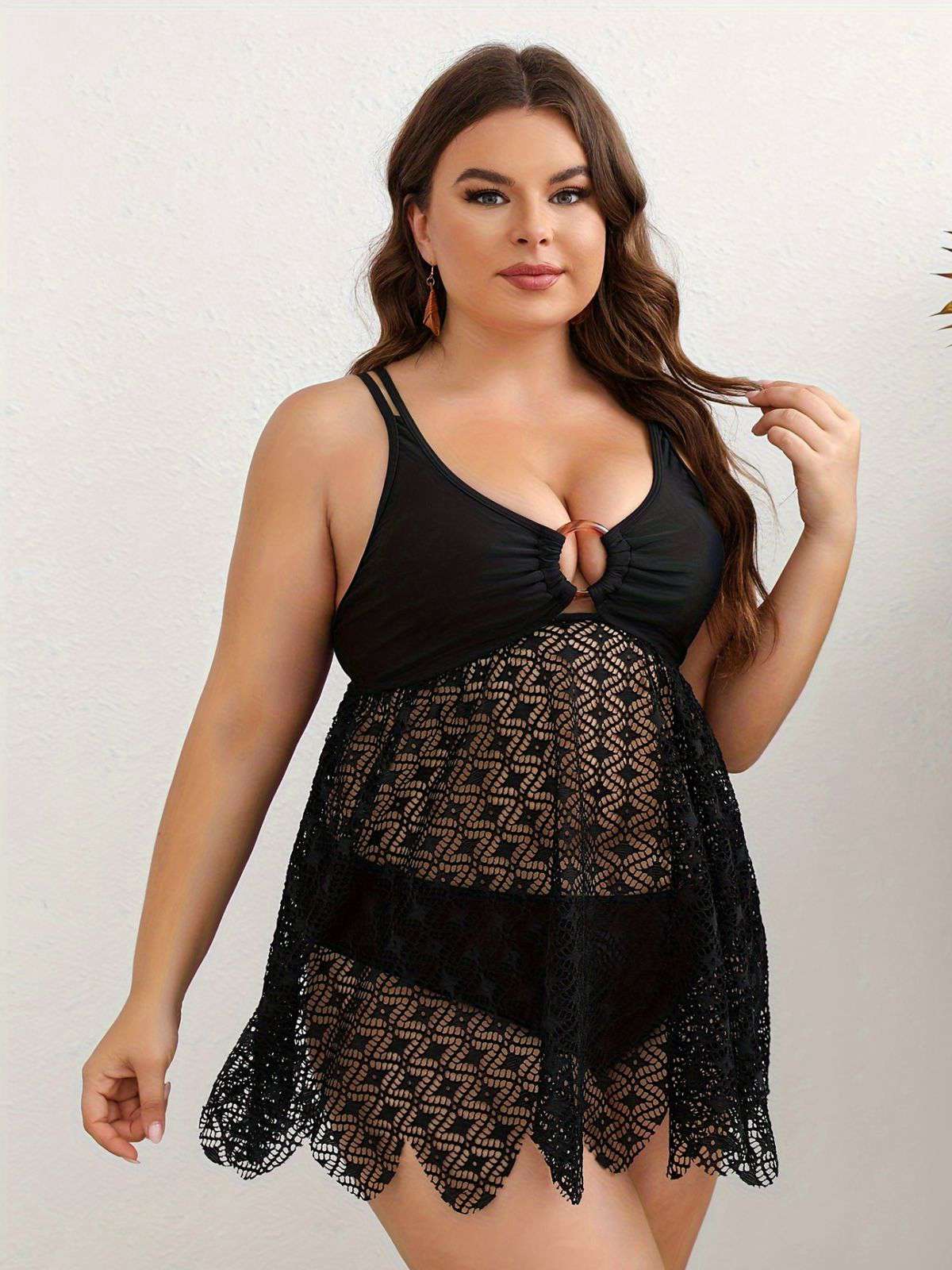 [Übergröße] Schwarz 1950er Solide Bohemien Spitze Tankini Set - Image 5
