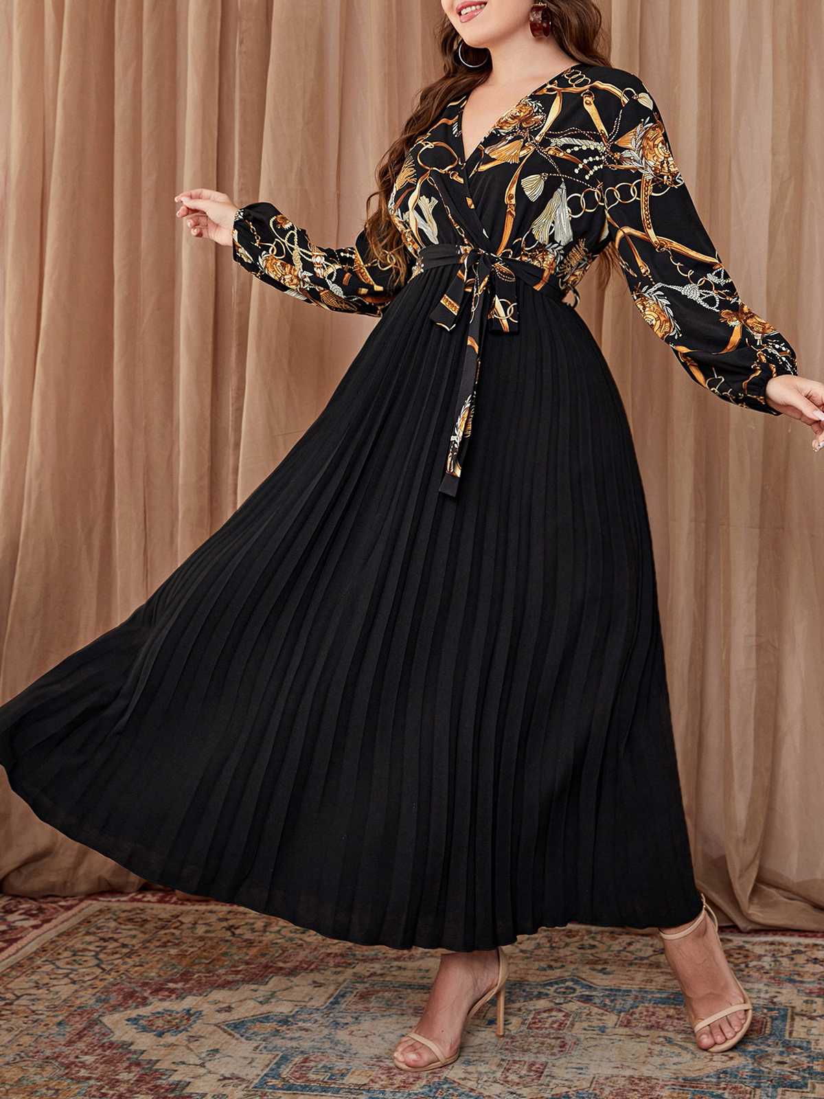 [Übergröße] Schwarz 1950er V-Ausschnitt Plissiertes Kleid - Image 3