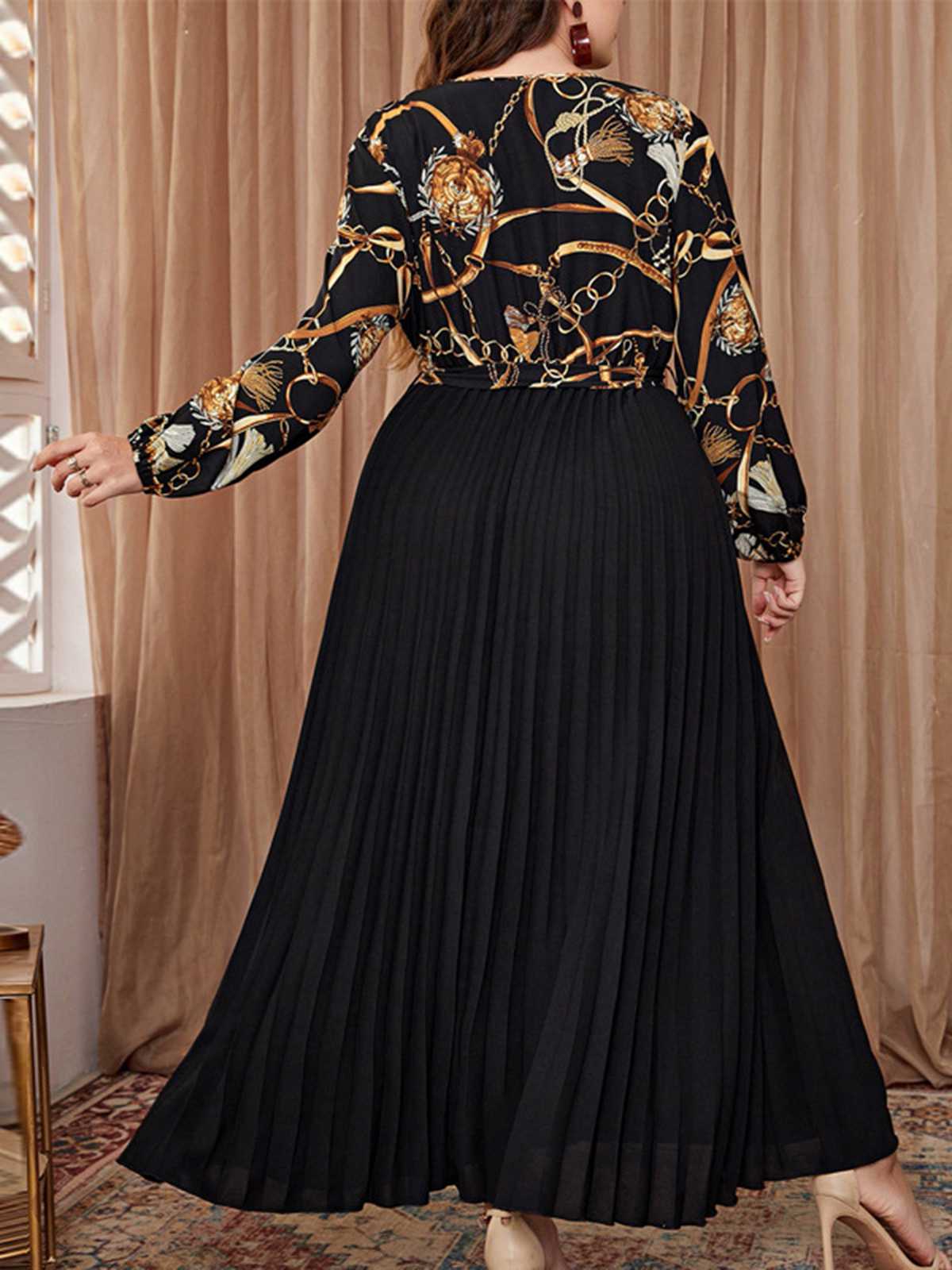 [Übergröße] Schwarz 1950er V-Ausschnitt Plissiertes Kleid - Image 4